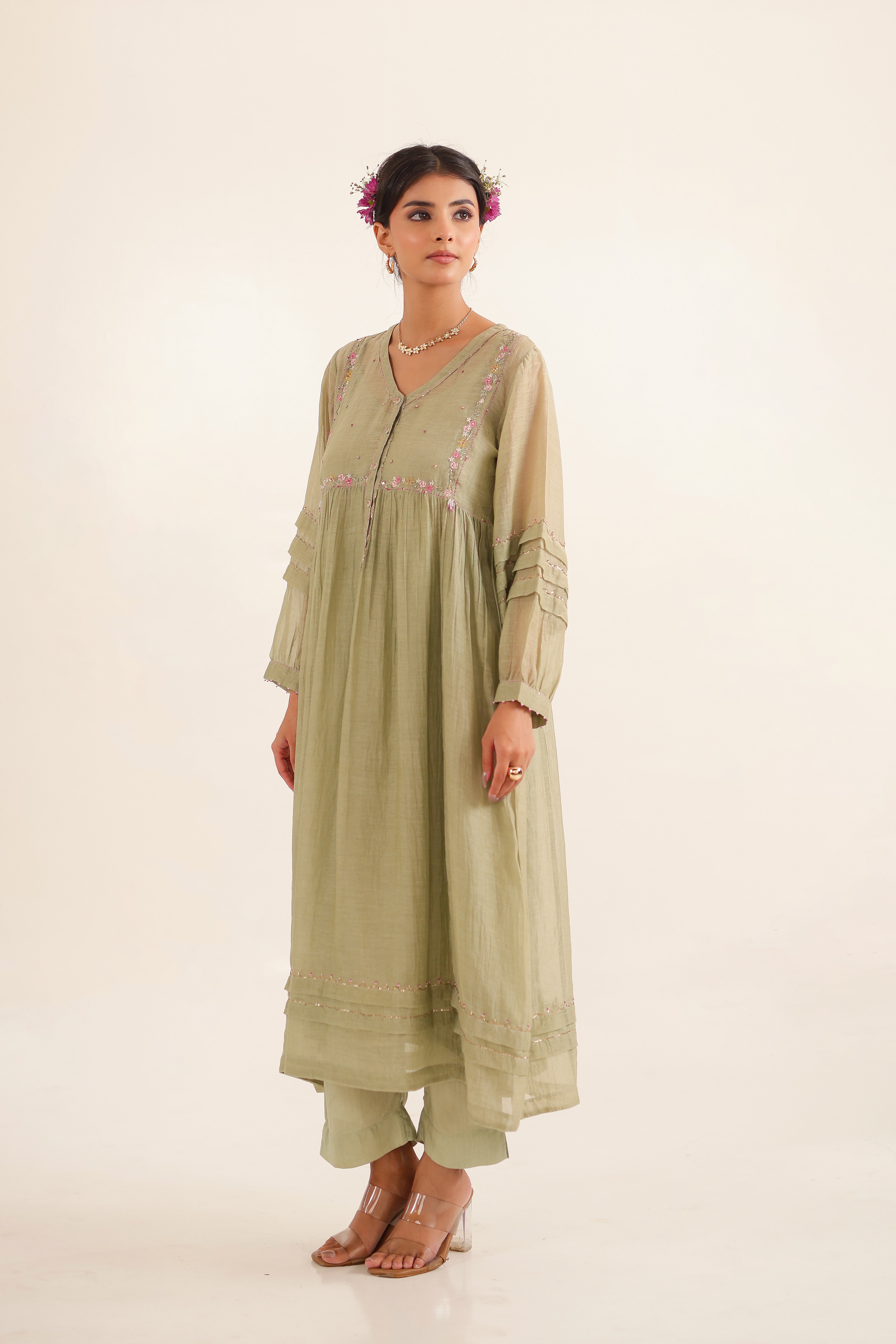 Aqua green pleated sleeve suit set