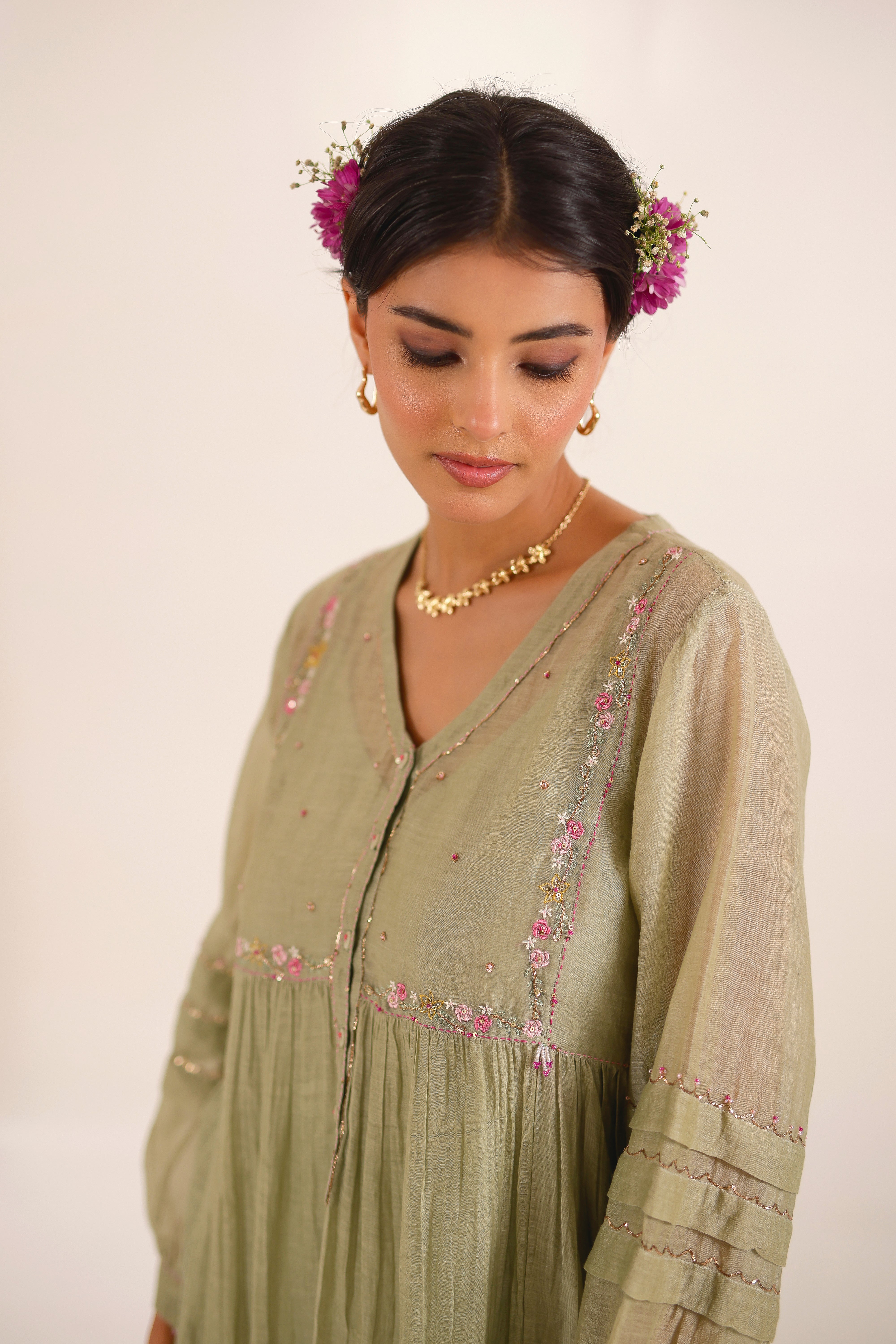 Aqua green pleated sleeve suit set