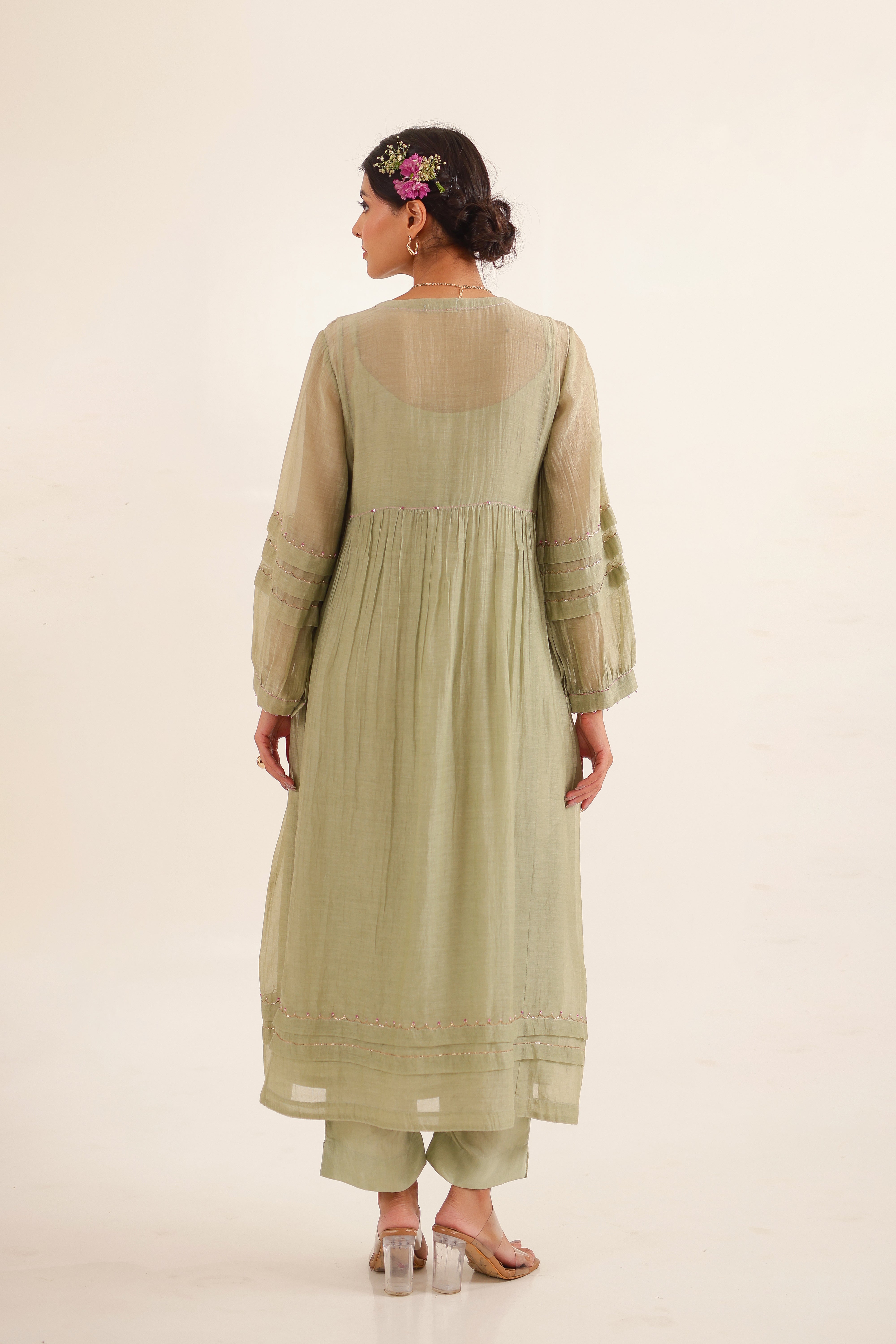 Aqua green pleated sleeve suit set