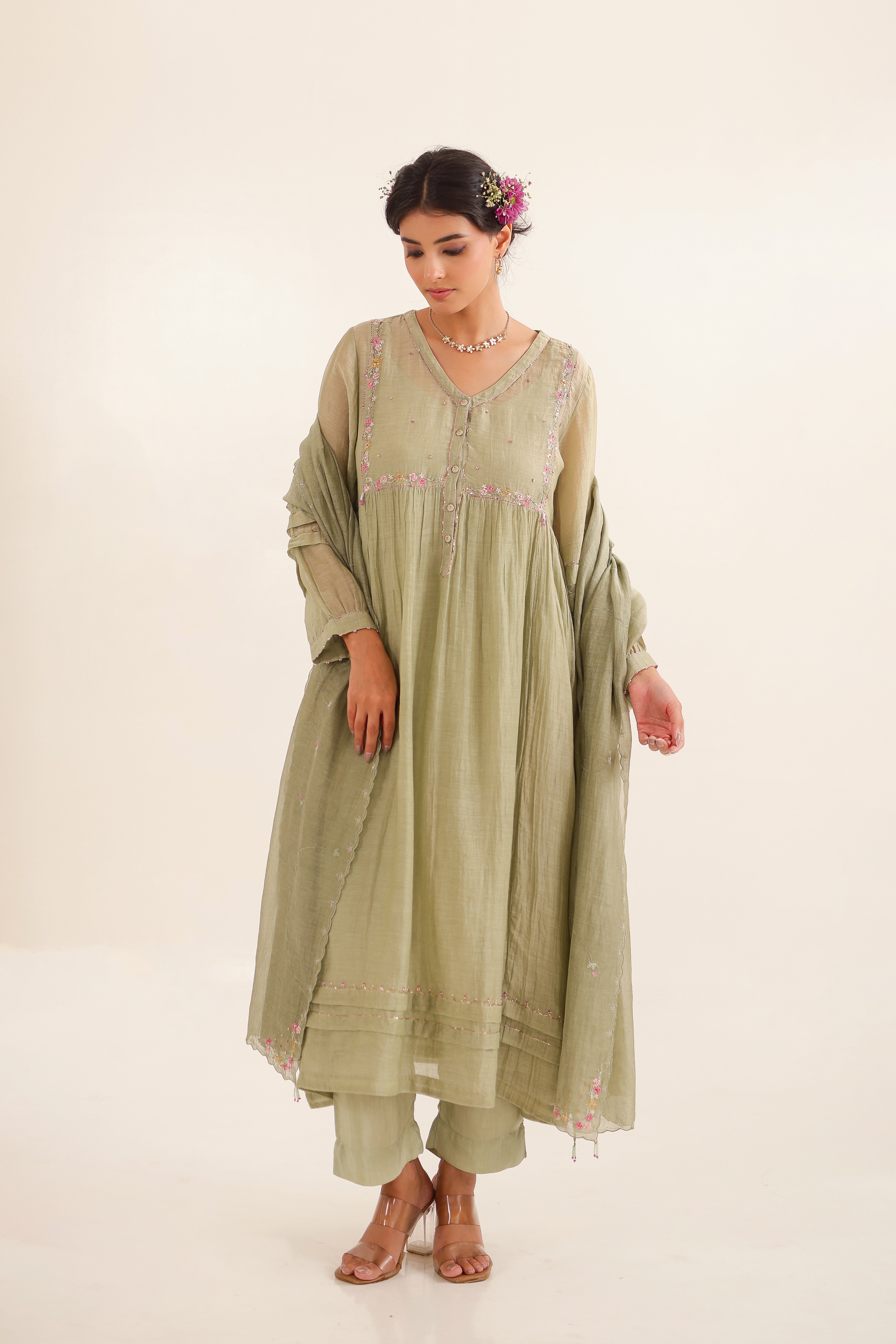 Aqua green pleated sleeve suit set