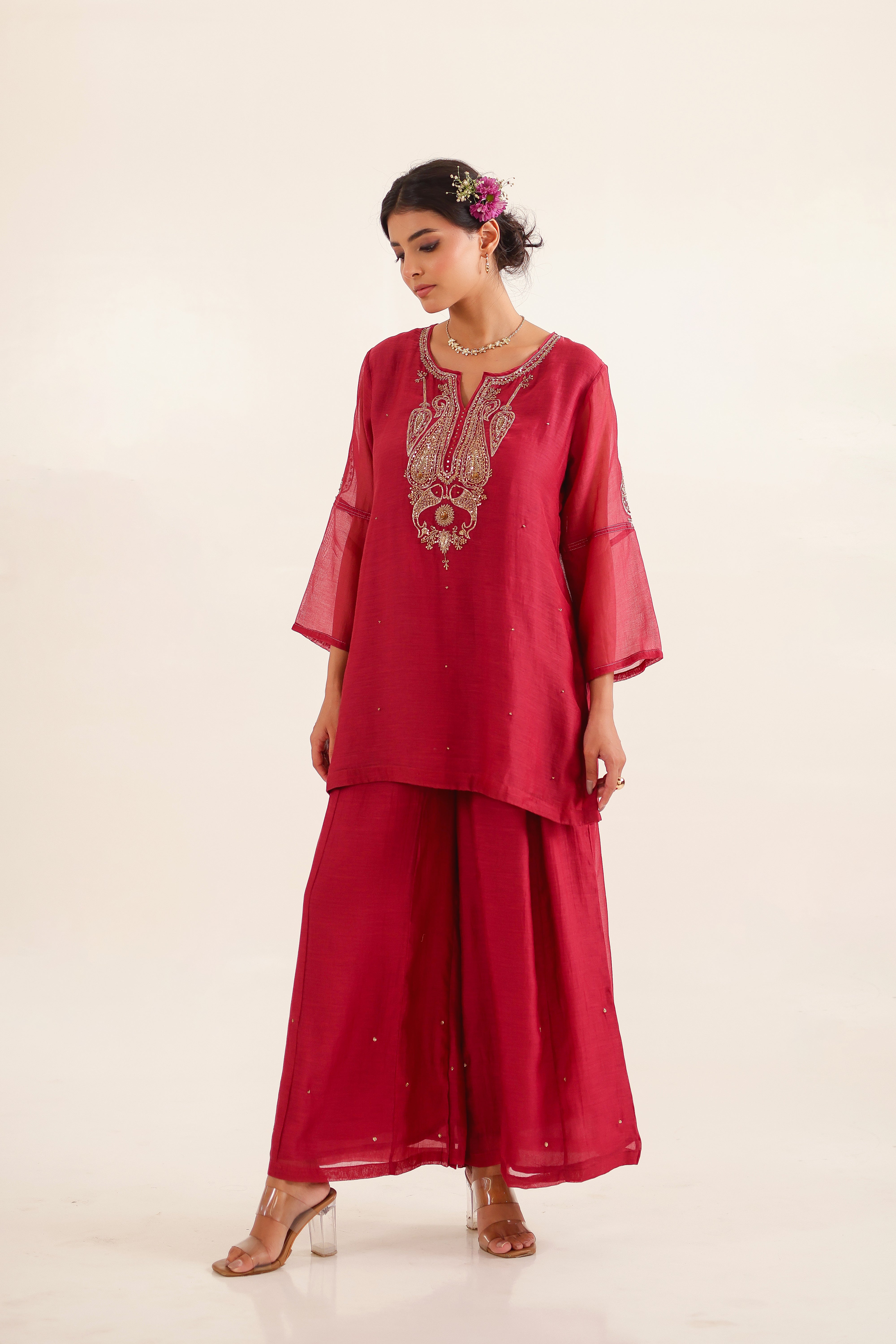 Red Meena Zardosi top and palazzo set