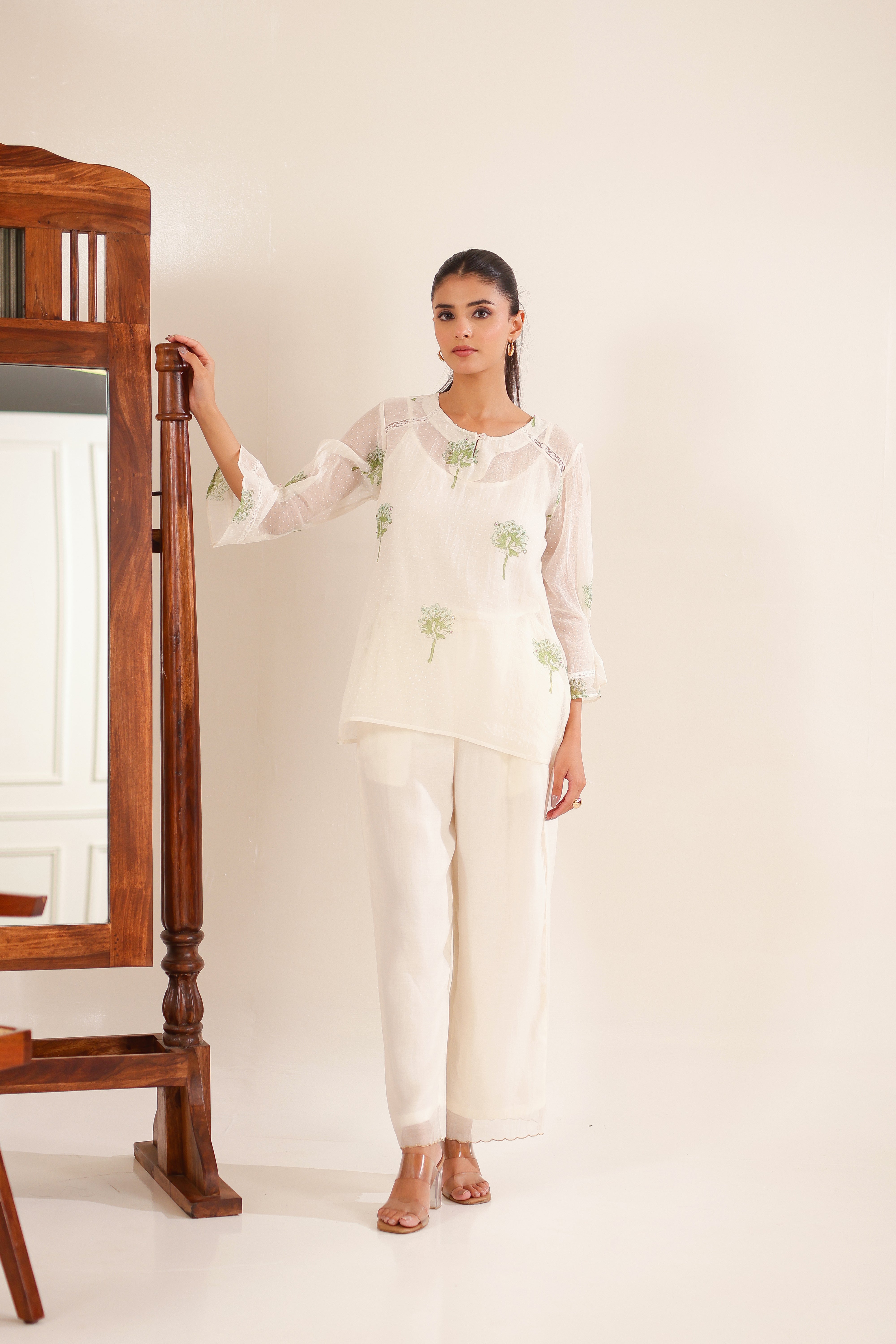 White Green Block Print Top And PALAZZO