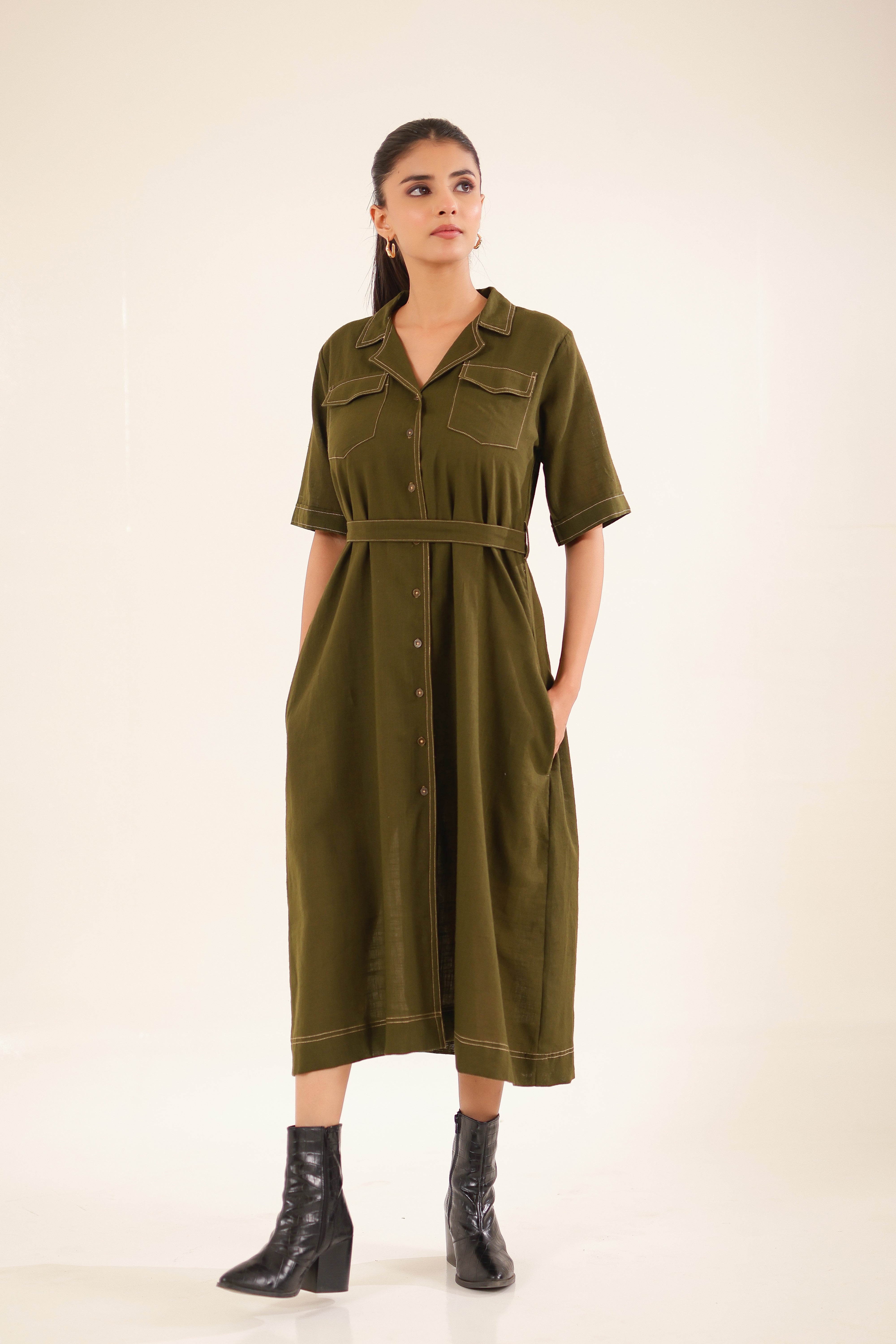 Olive Green front open button down Dress