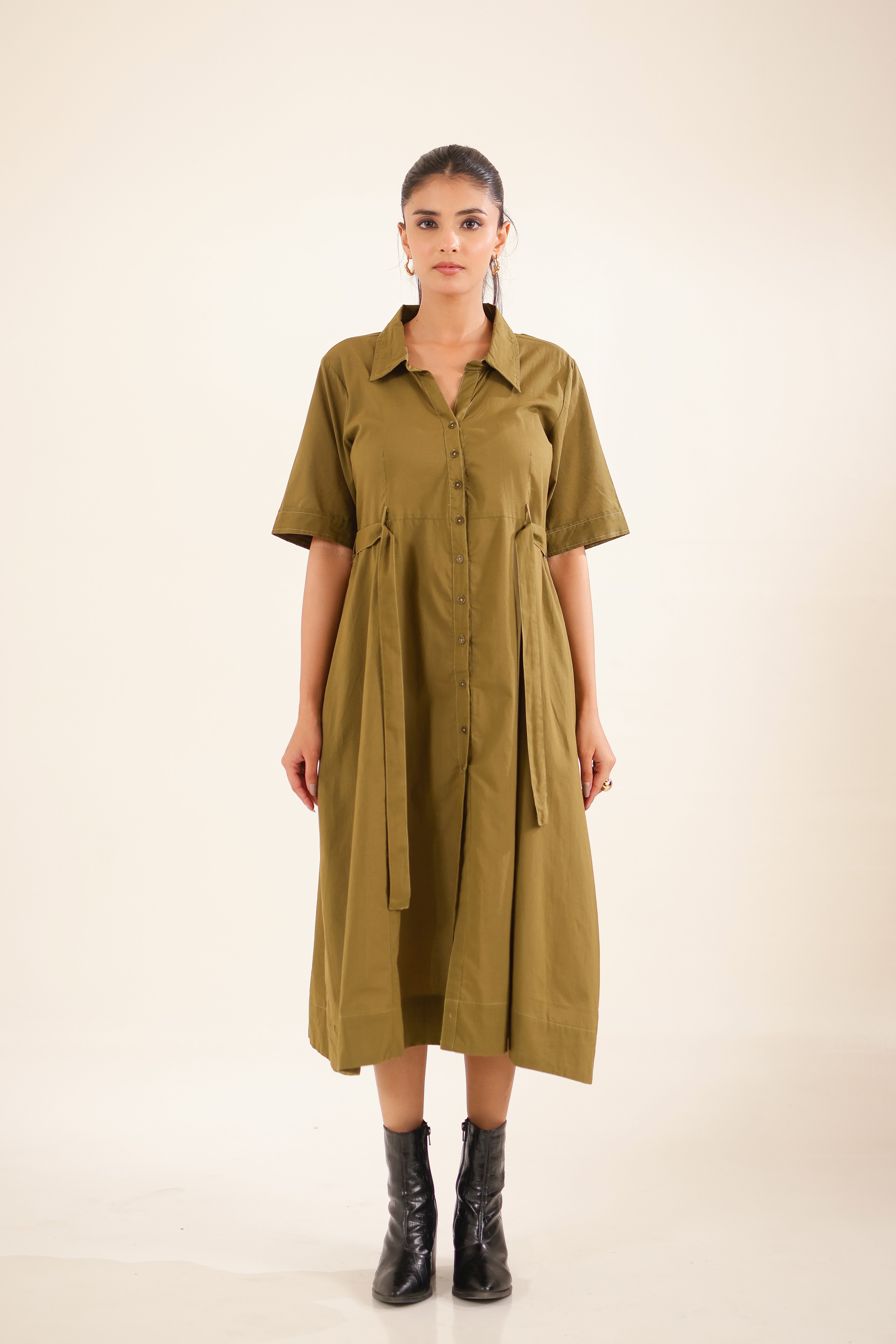 Olive Green Front Open Dress