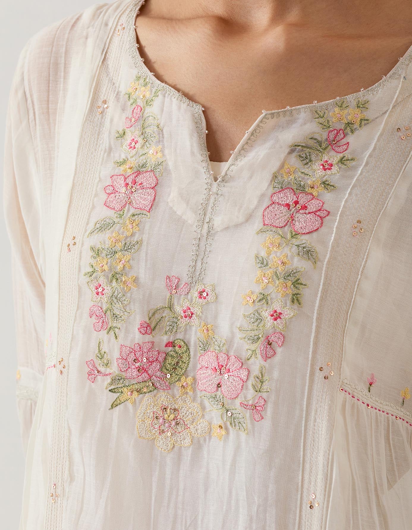 White Parrot and peonies kurta set with dupatta