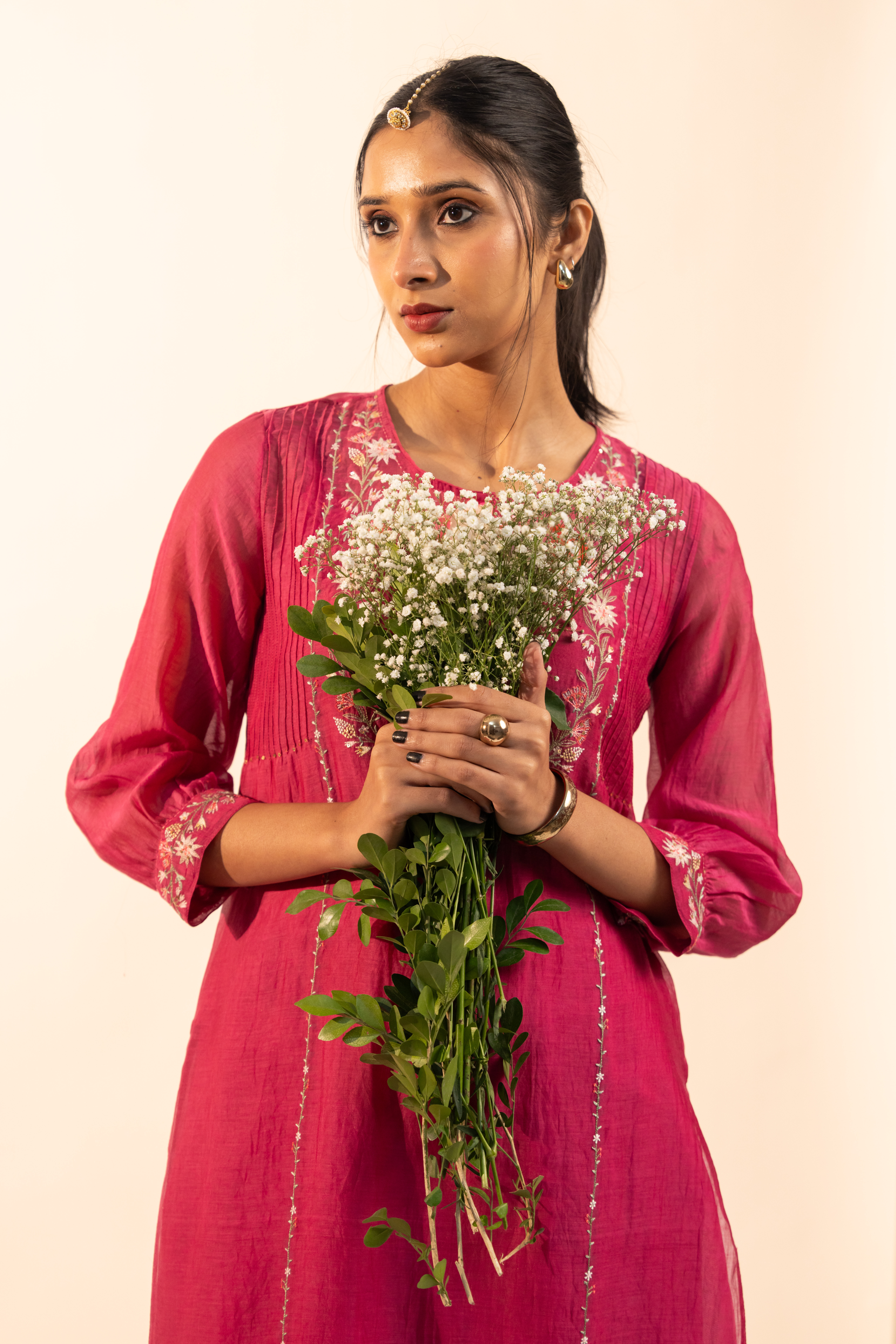 Hot pink camellia suit set with duppata