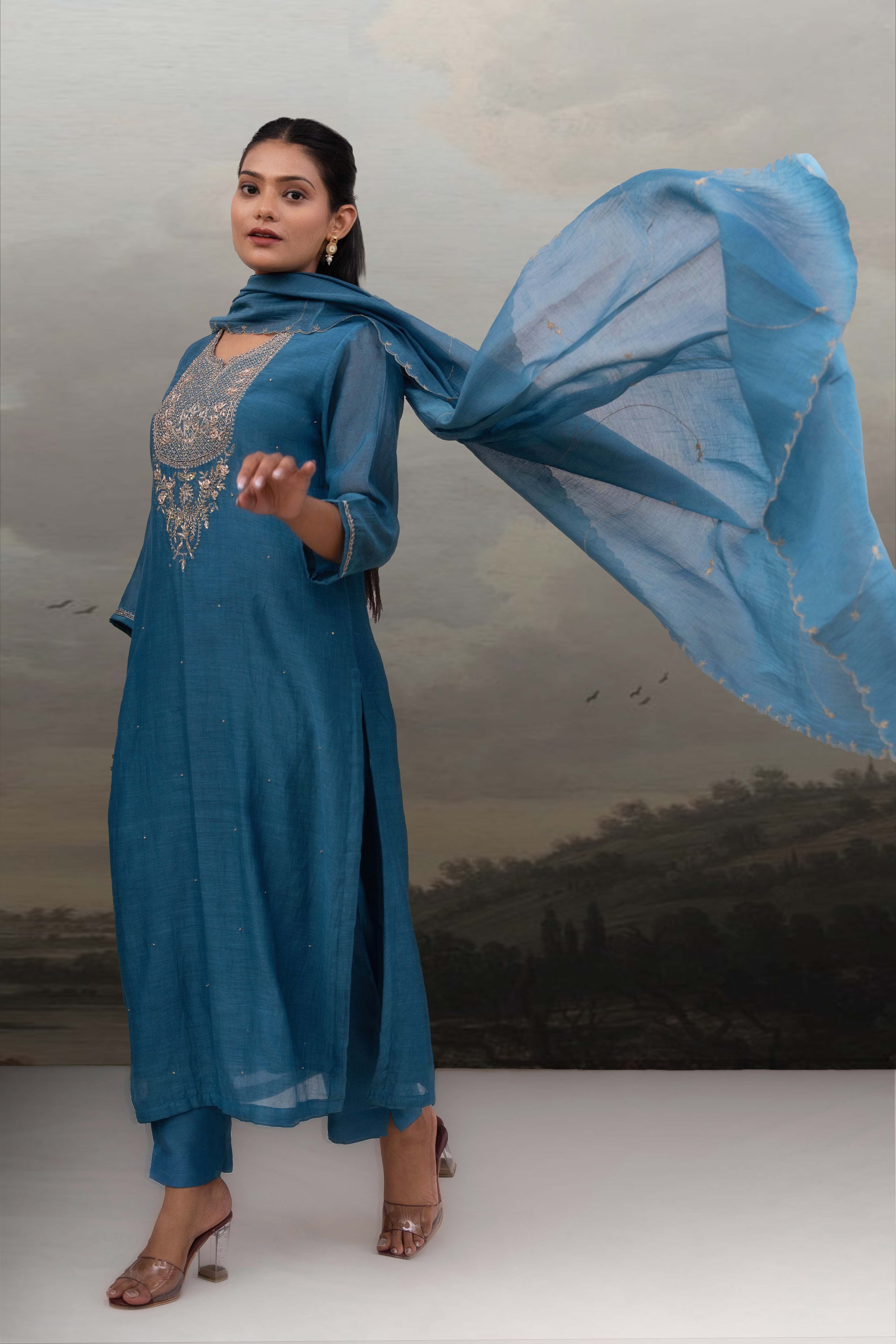 Turquoise paach patti zardosi kurta suit set