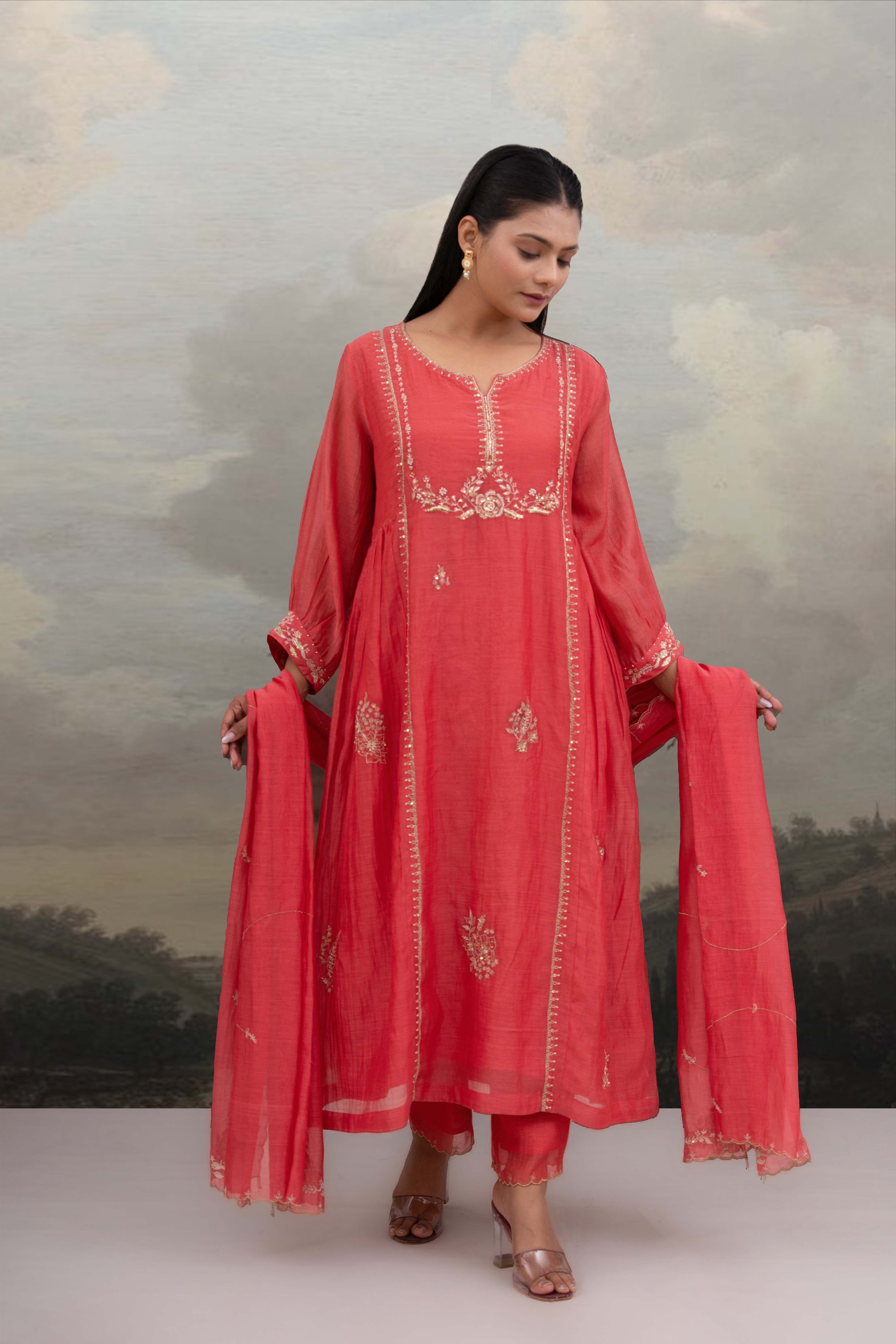 Coral pink Rose gold Zardosi kurta set