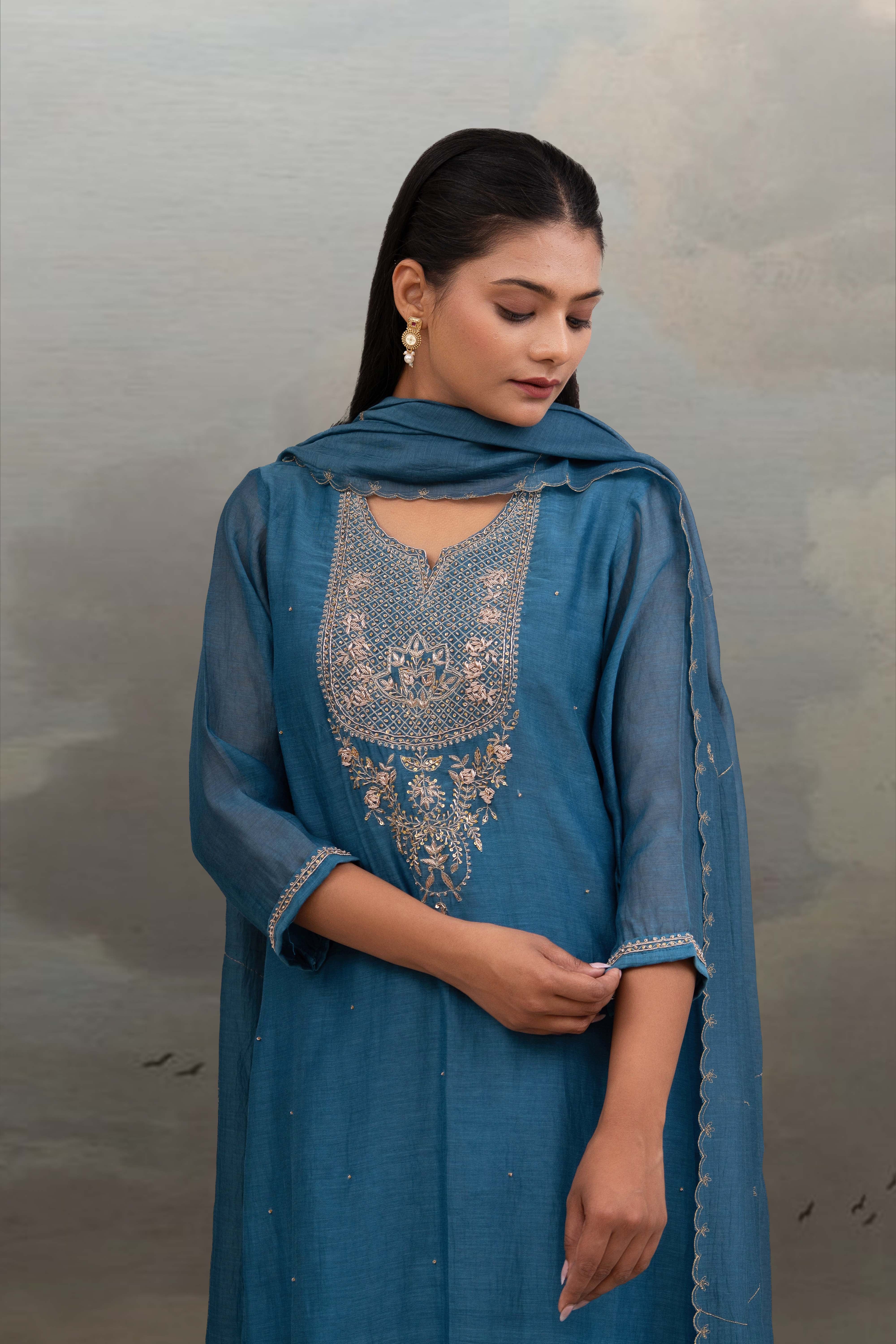 Turquoise paach patti zardosi kurta suit set