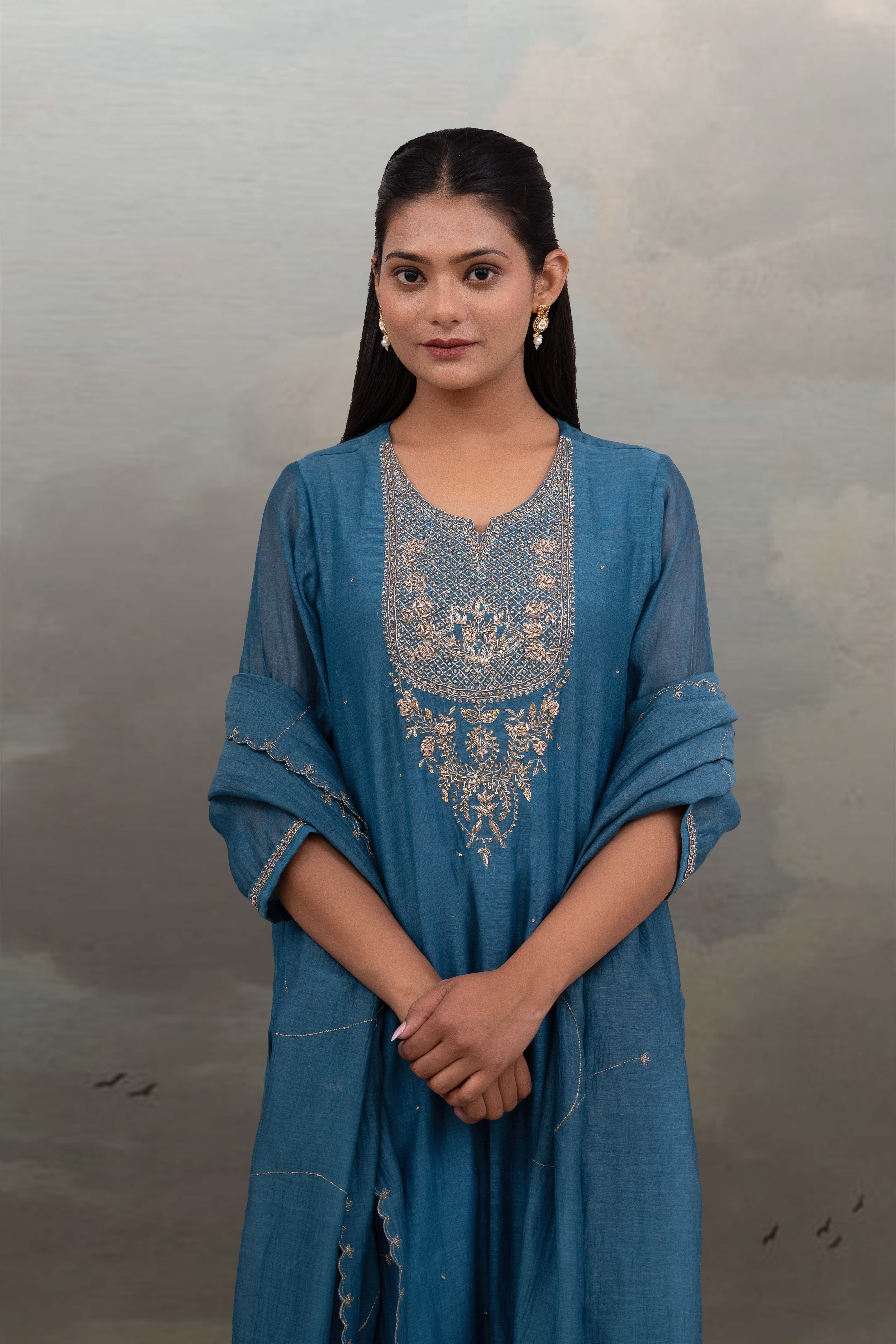 Turquoise paach patti zardosi kurta suit set