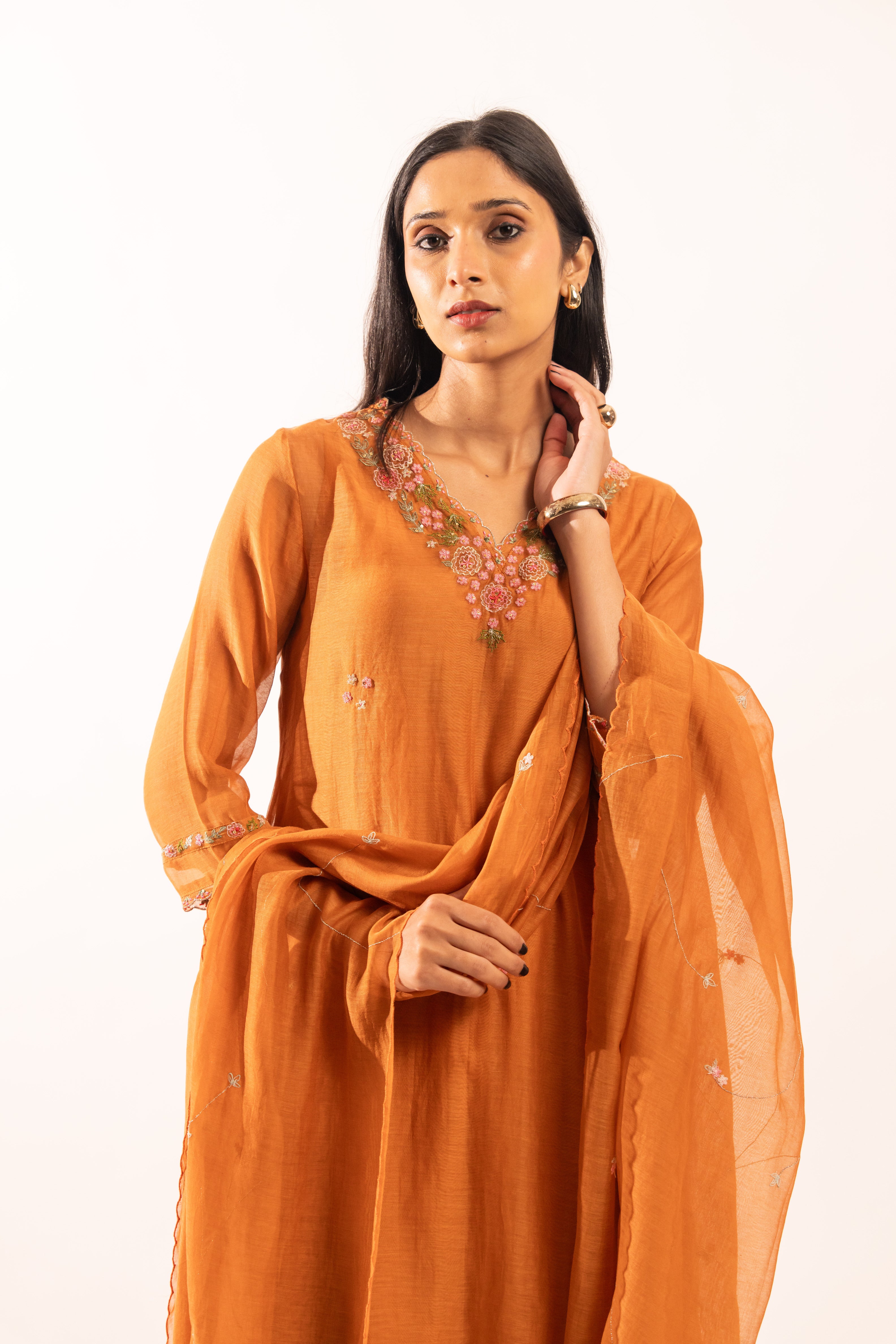 Rust orange Rangoon bail suit set with duppata