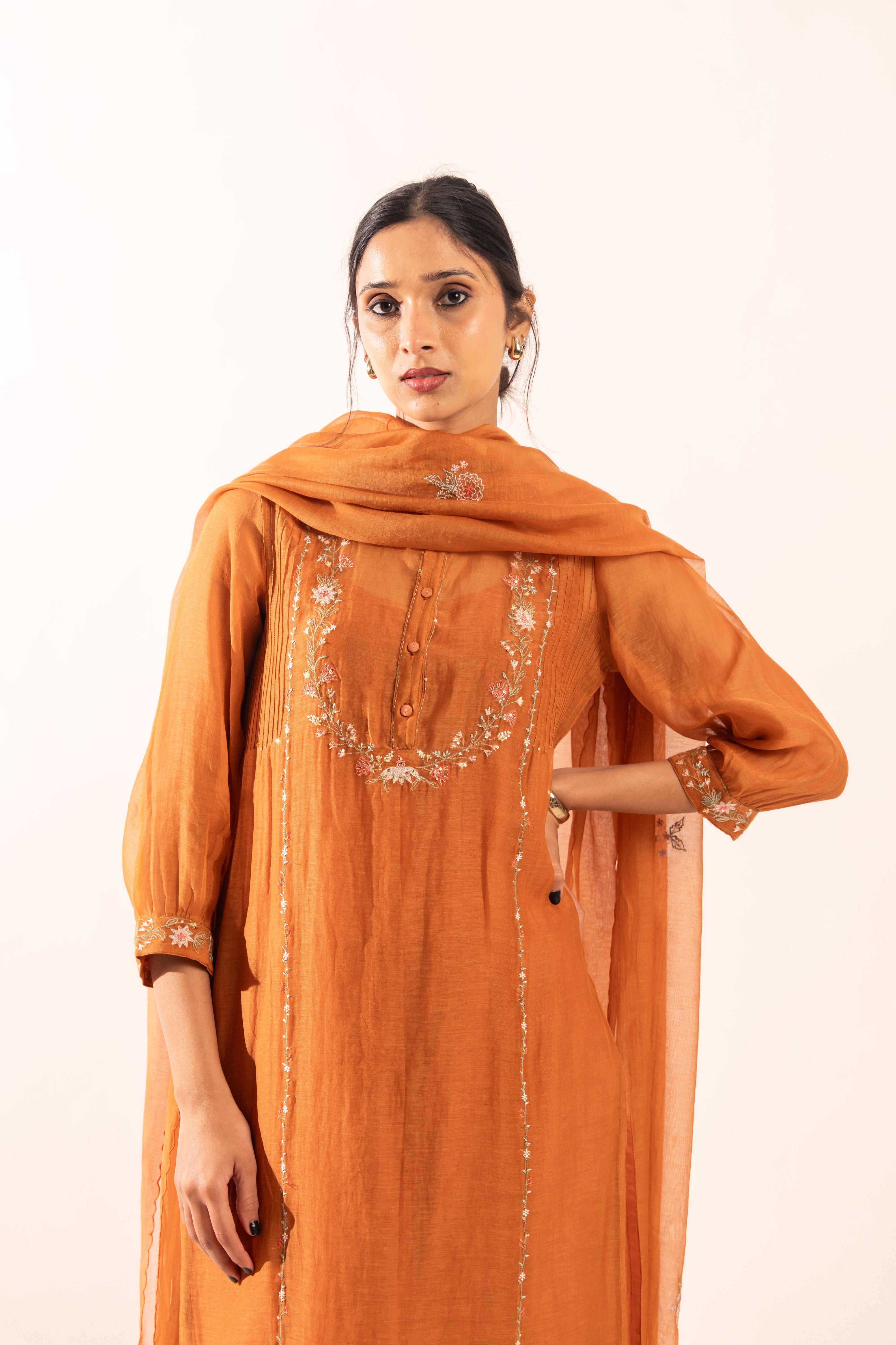 Rust orange camellia suit set with duppata