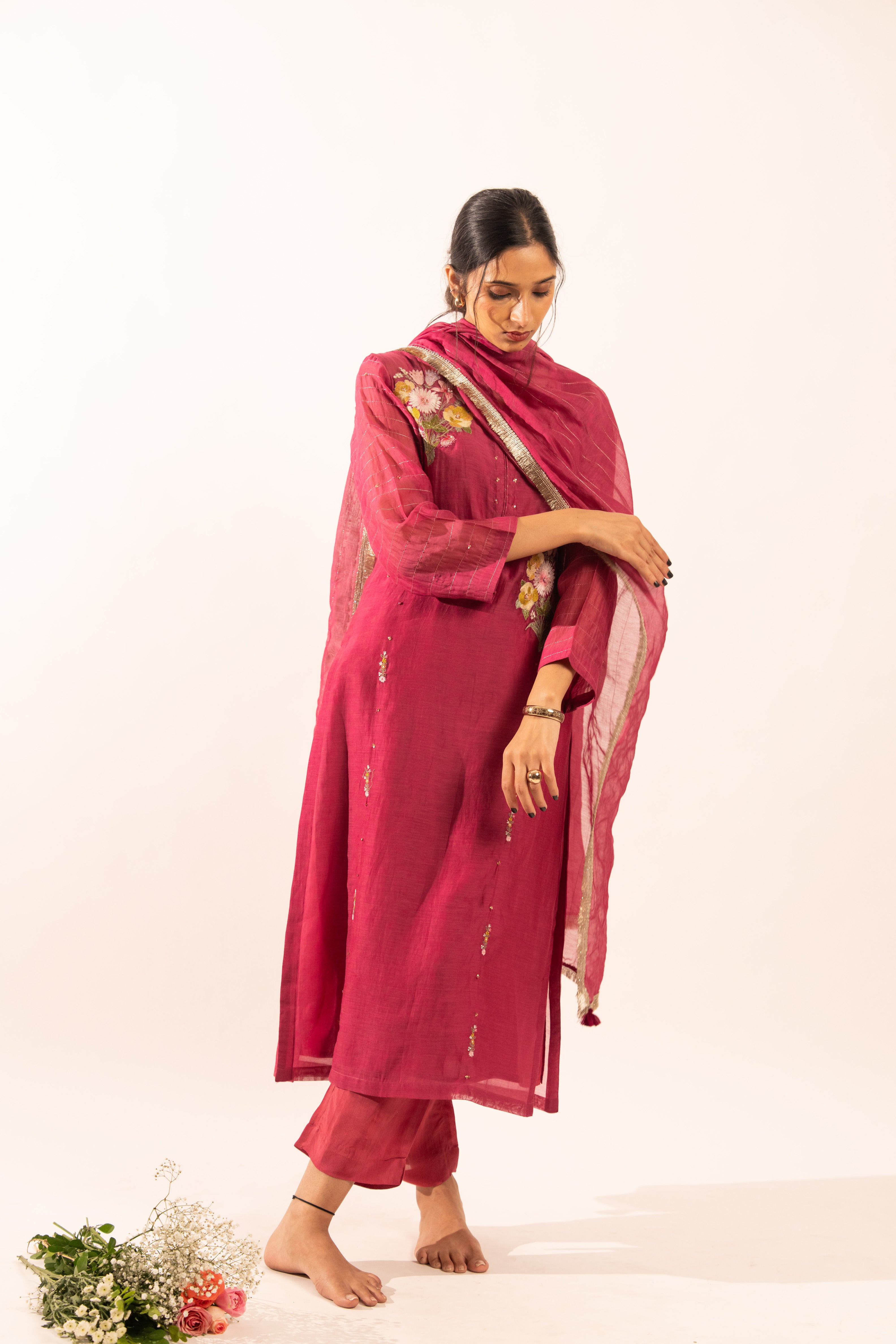 Rani pink twin bouquet suit set with duppata