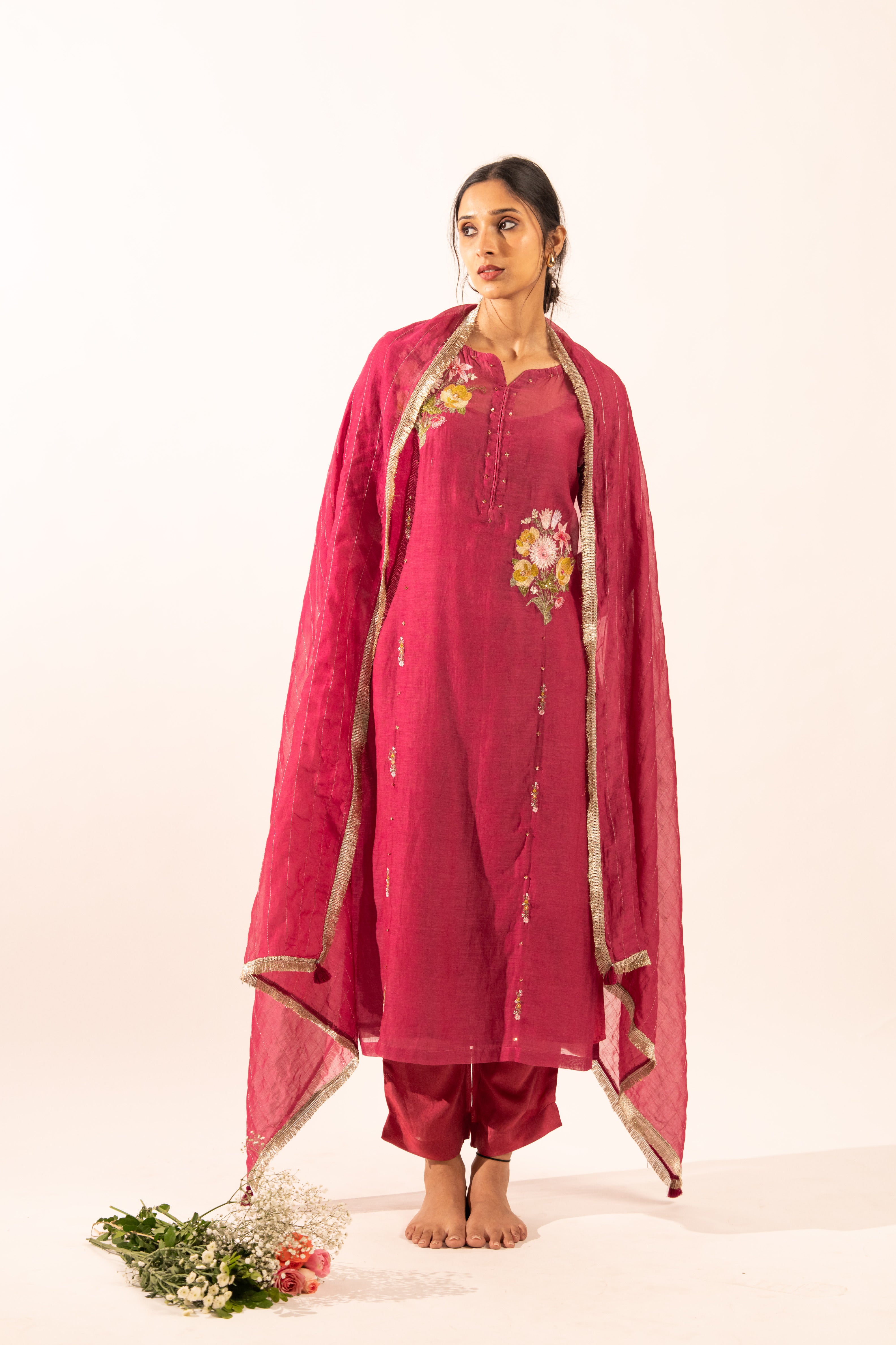 Rani pink twin bouquet suit set with duppata