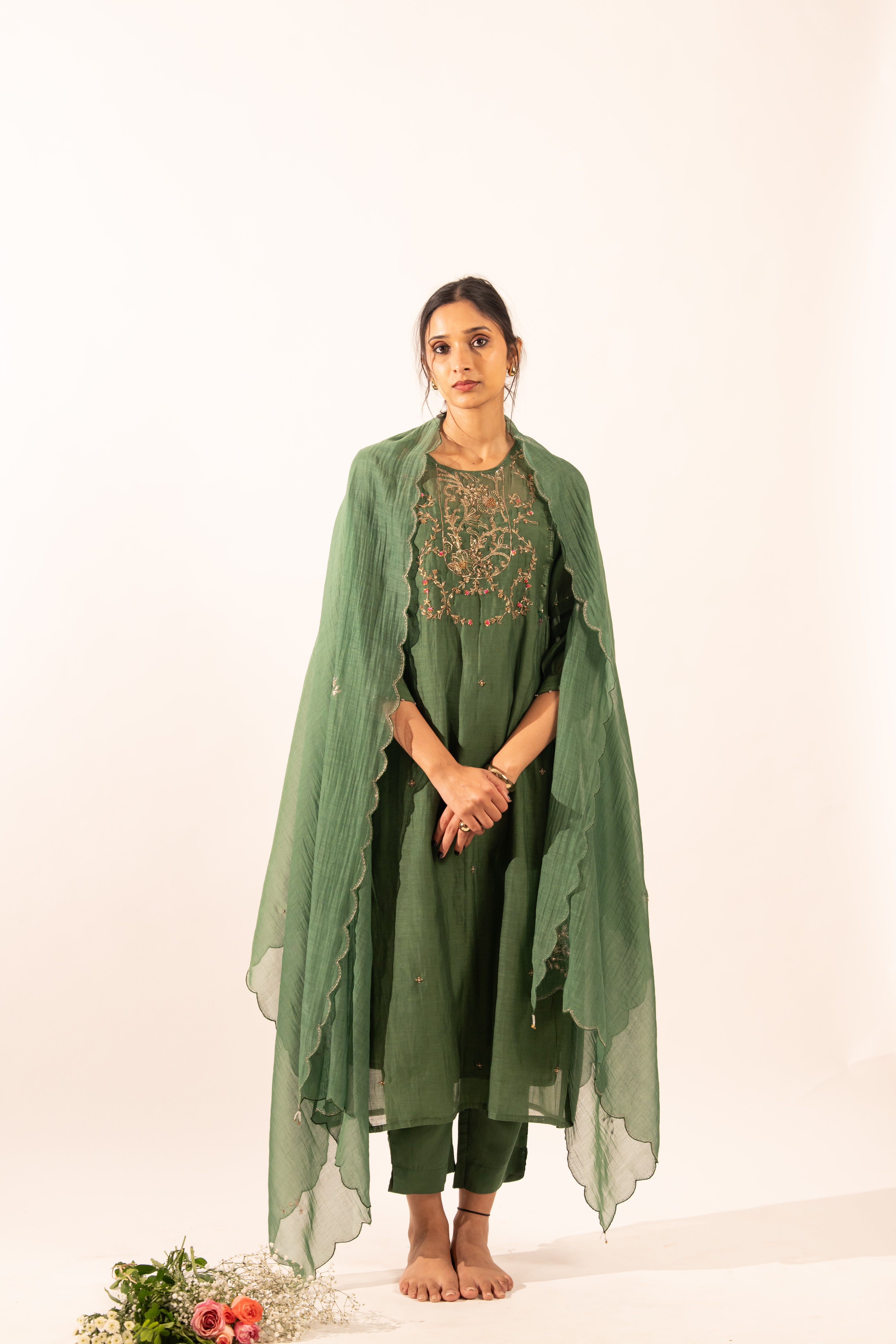 Bottle green victorian suit set with duppata