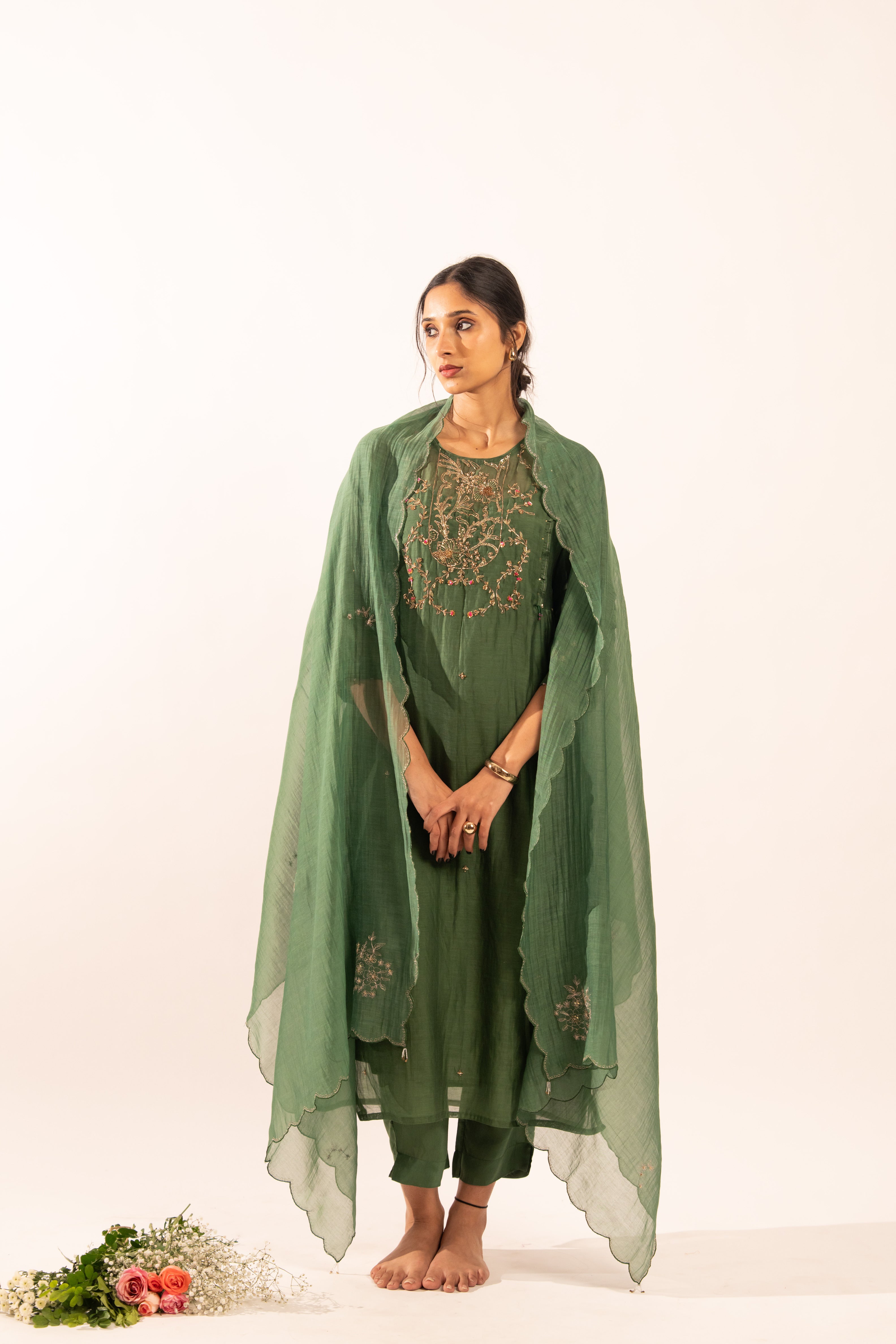 Bottle green victorian kurta set with duppata