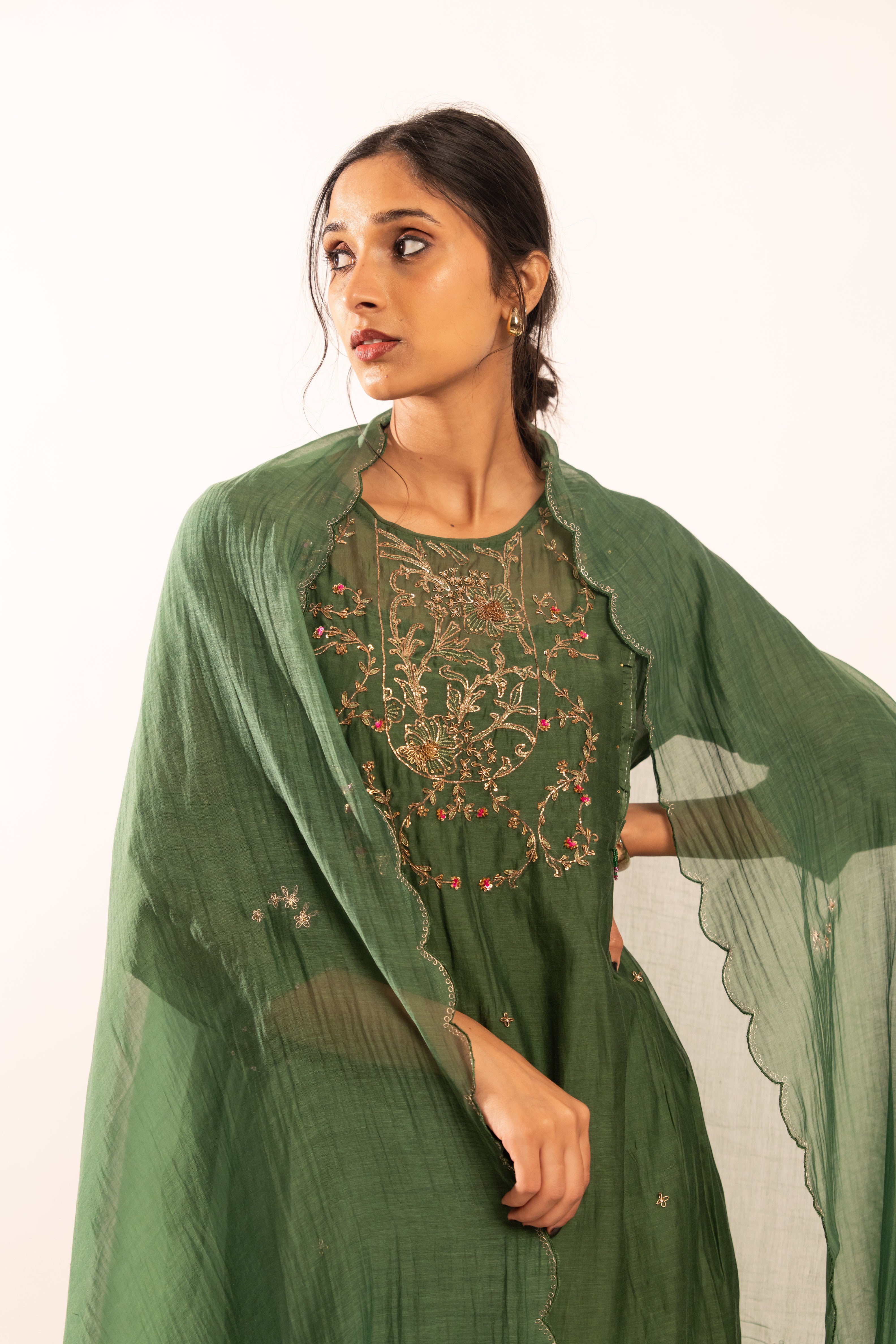 Bottle green victorian kurta set with duppata