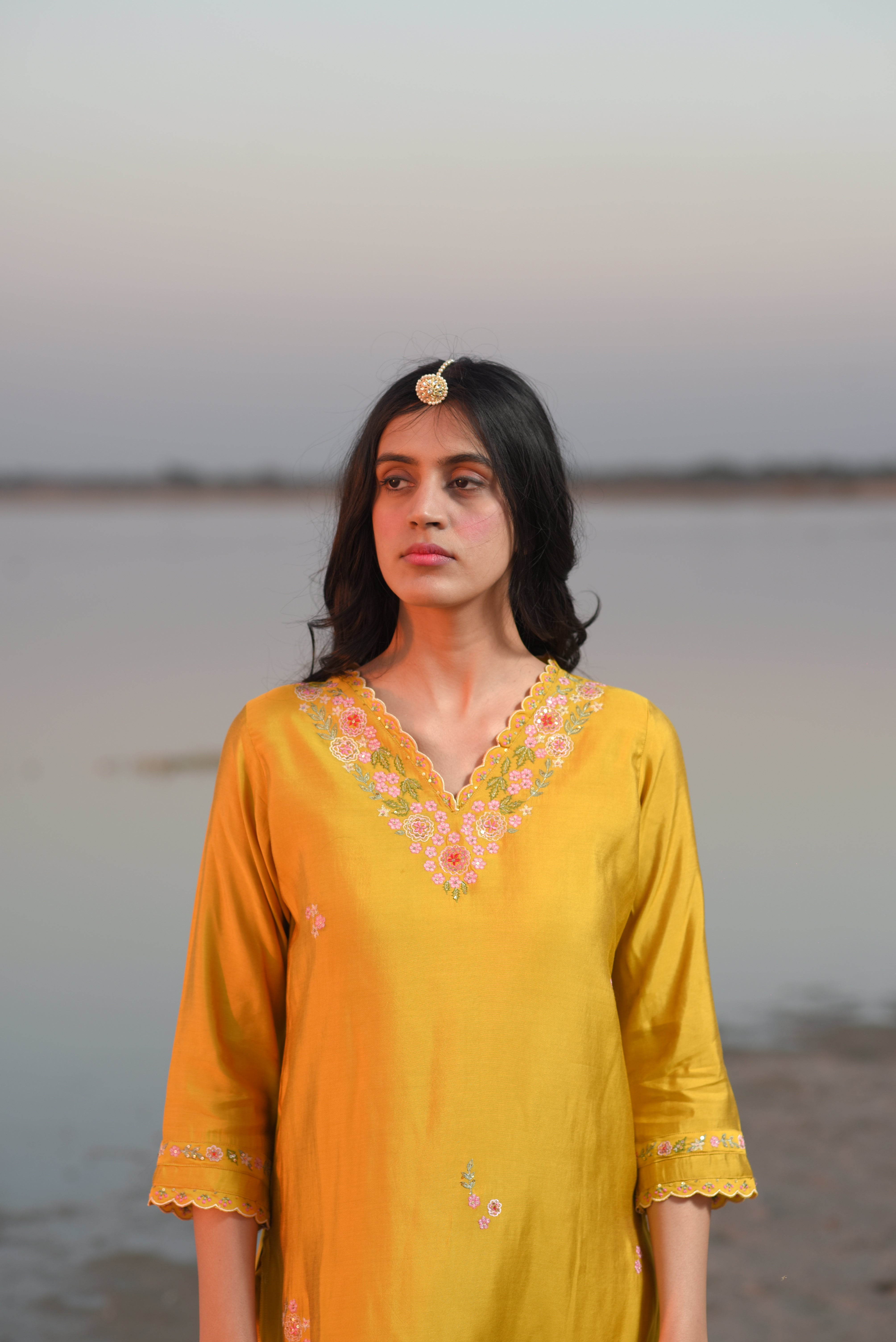Mustard v neck bail kurta set
