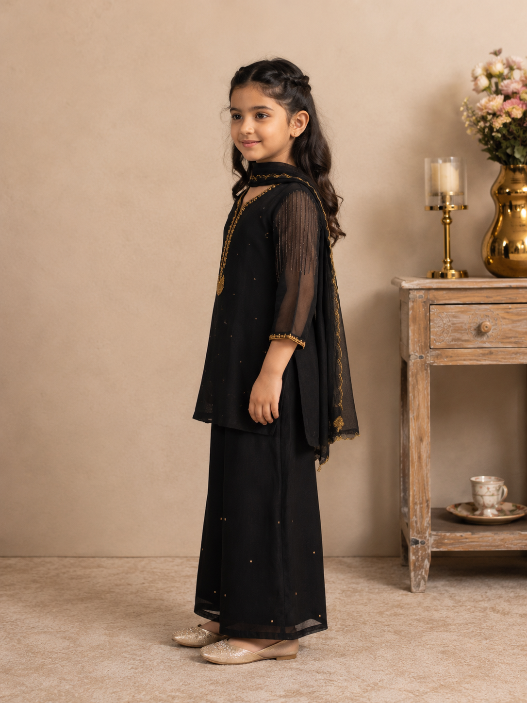 KIDS BLACK HERITAGE JHUMKA TOP SET WITH DUPATTA