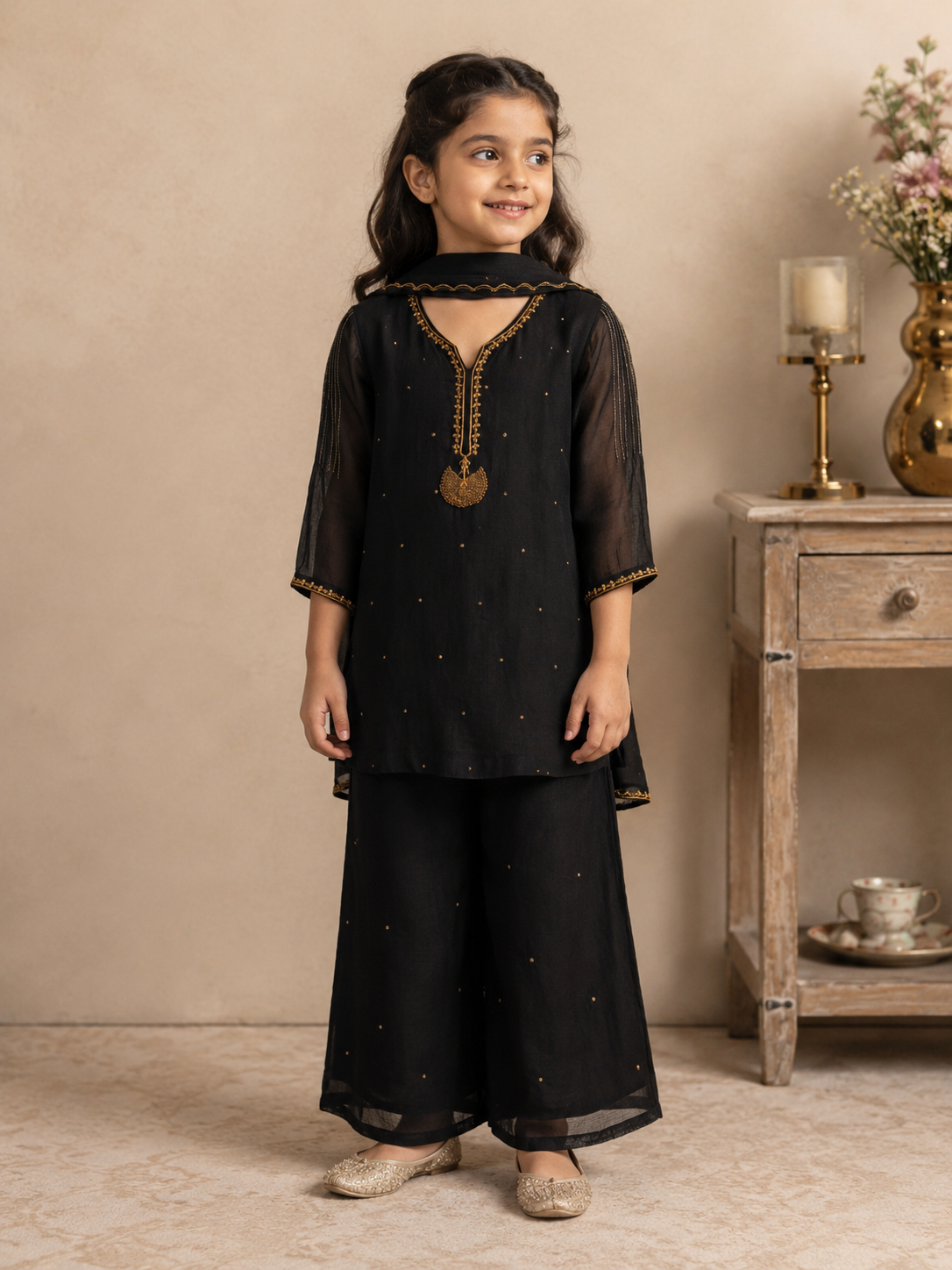 KIDS BLACK HERITAGE JHUMKA TOP SET WITH DUPATTA