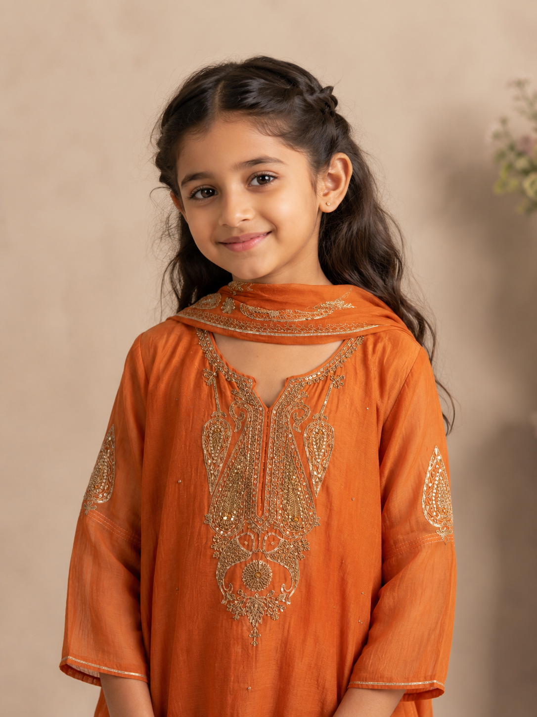 KIDS RUST ORANGE MEENA TOP SET WITH DUPATTA