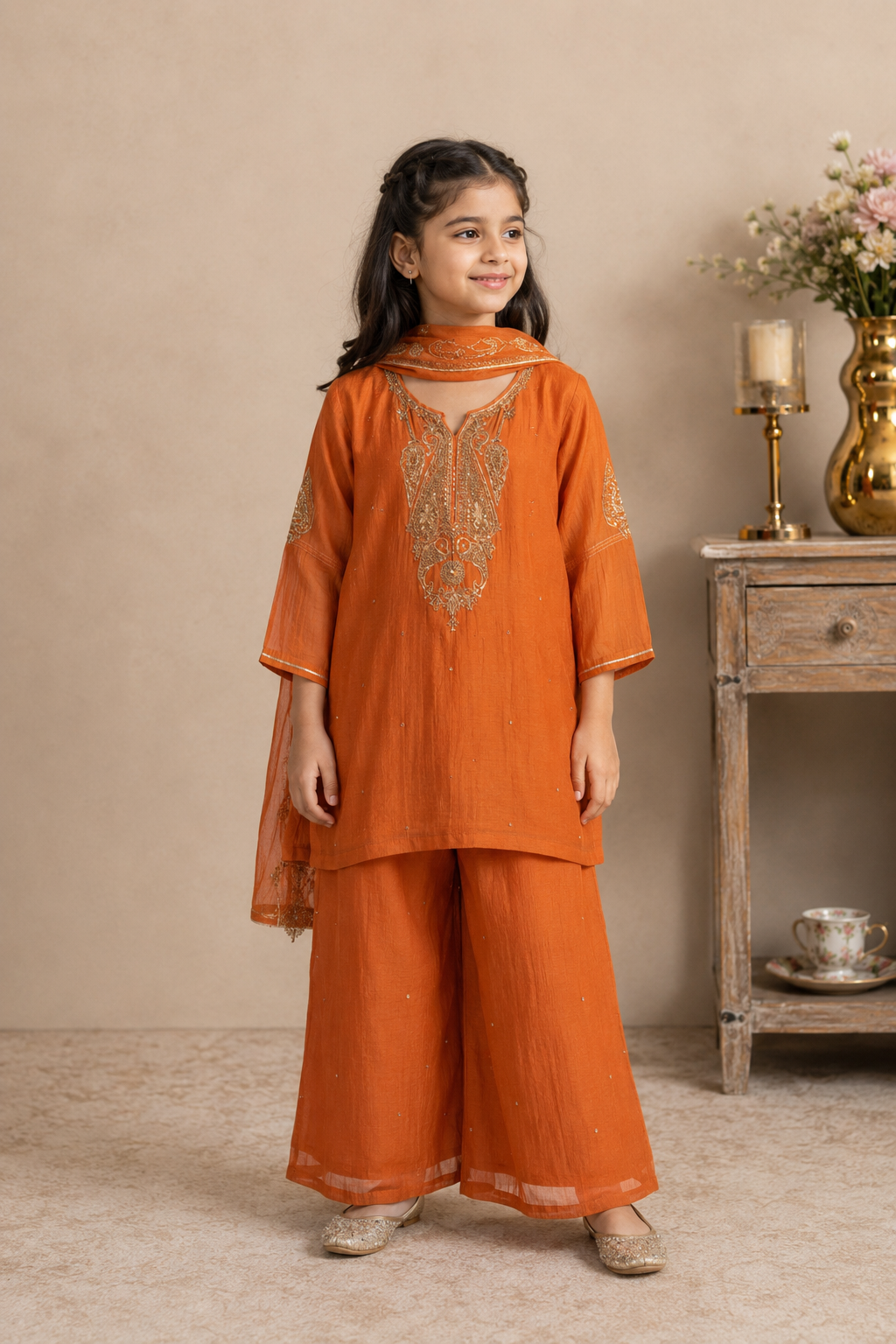 KIDS RUST ORANGE MEENA TOP SET WITH DUPATTA
