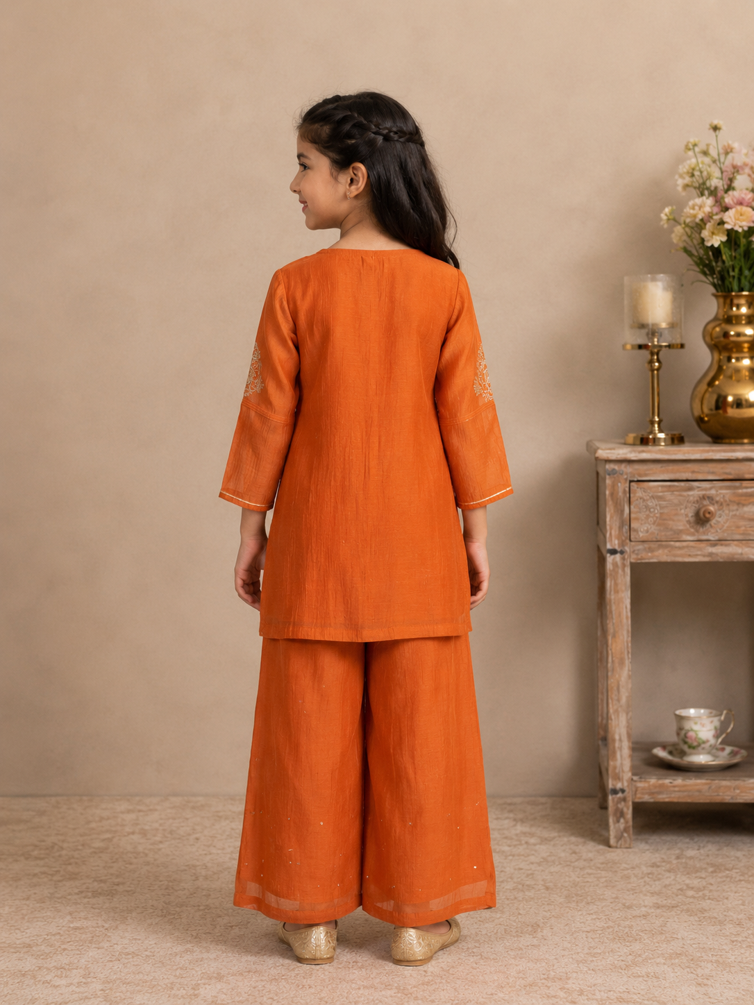 KIDS RUST ORANGE MEENA TOP SET WITH DUPATTA
