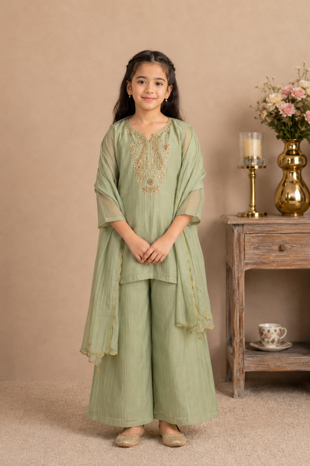 KIDS SEA GREEN MEENA TOP SET WITH DUPATTA