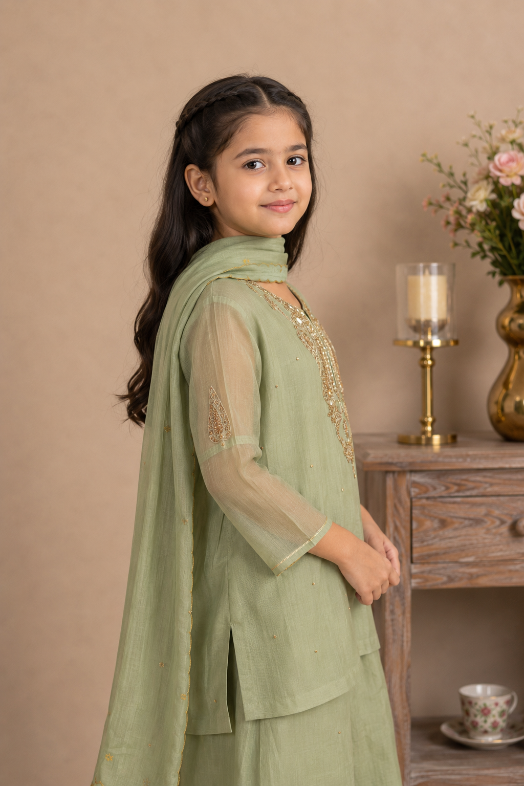 KIDS SEA GREEN MEENA TOP SET WITH DUPATTA