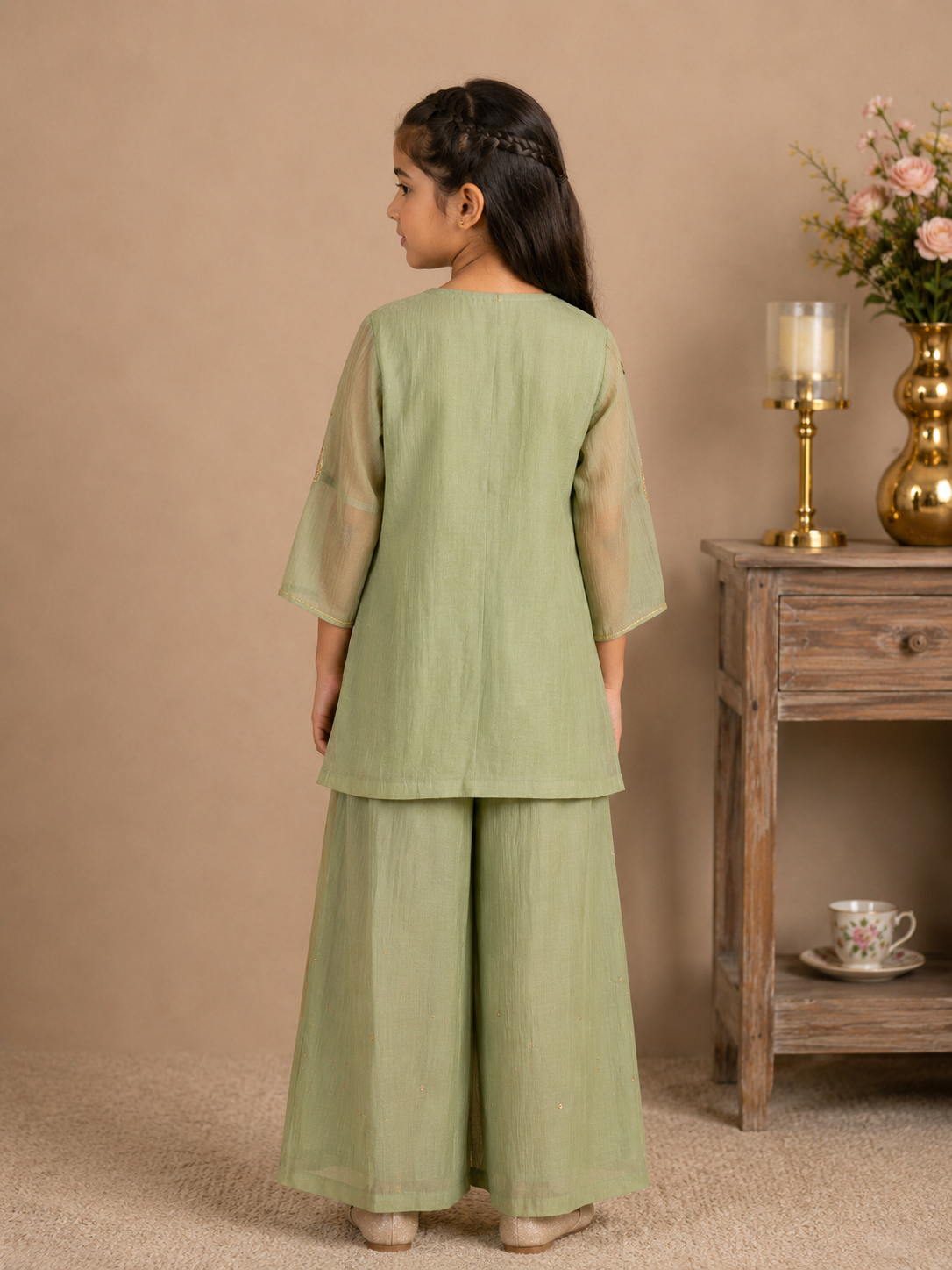 KIDS SEA GREEN MEENA TOP SET WITH DUPATTA