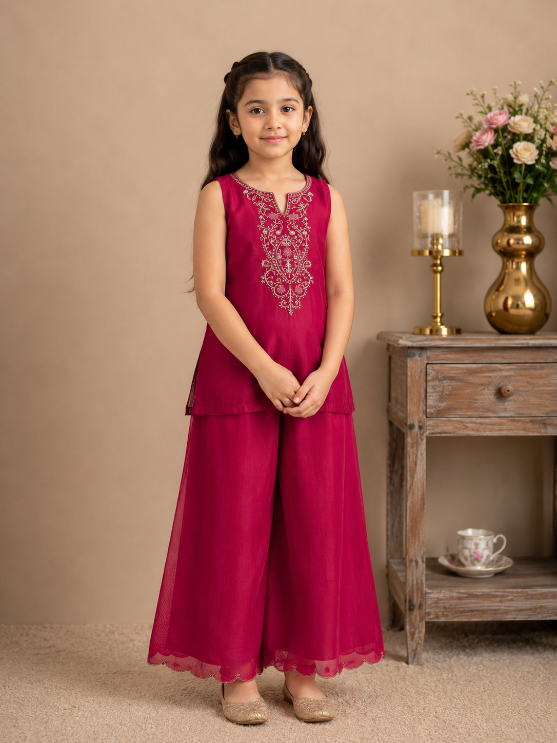 KIDS HOT PINK SLEEVELESS PITTA ZARDOZI TOP WITH ORGANZA DUPATTA