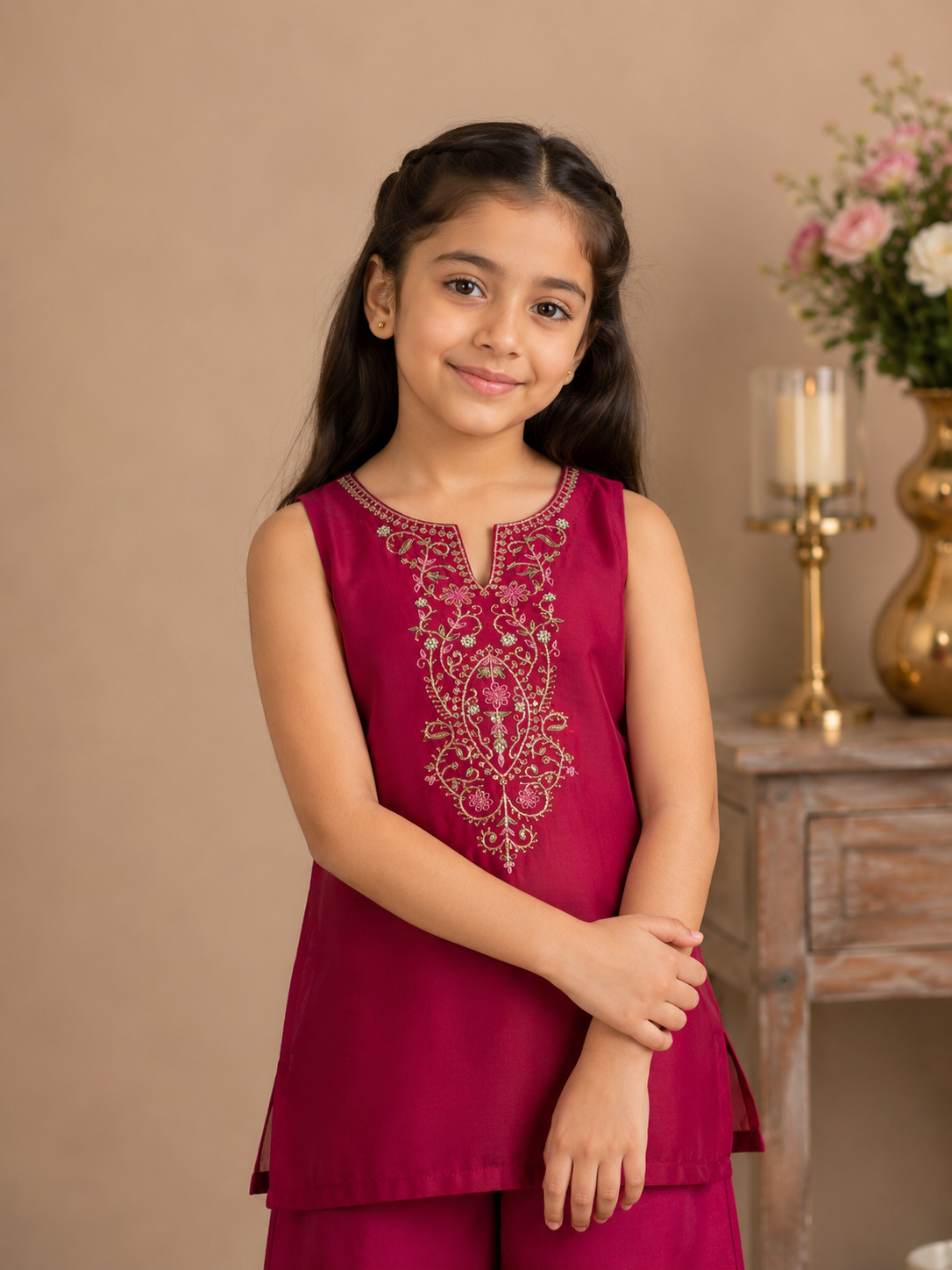 KIDS HOT PINK SLEEVELESS PITTA ZARDOZI TOP WITH ORGANZA DUPATTA