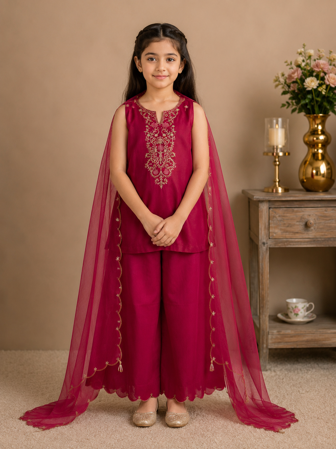 KIDS HOT PINK SLEEVELESS PITTA ZARDOZI TOP WITH ORGANZA DUPATTA