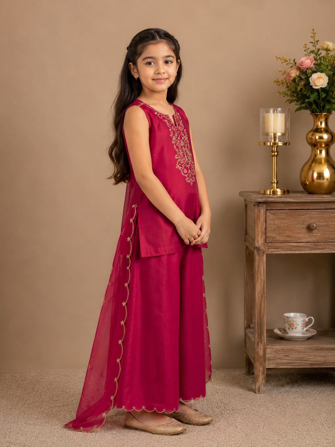 KIDS HOT PINK SLEEVELESS PITTA ZARDOZI TOP WITH ORGANZA DUPATTA