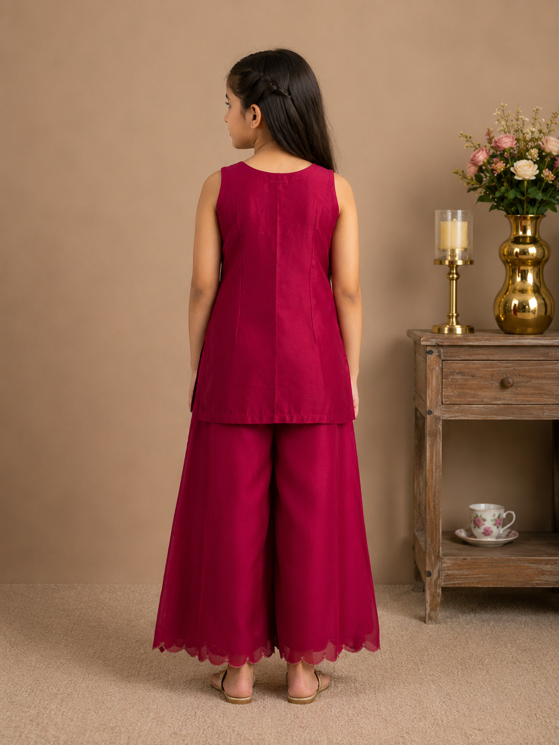 KIDS HOT PINK SLEEVELESS PITTA ZARDOZI TOP WITH ORGANZA DUPATTA