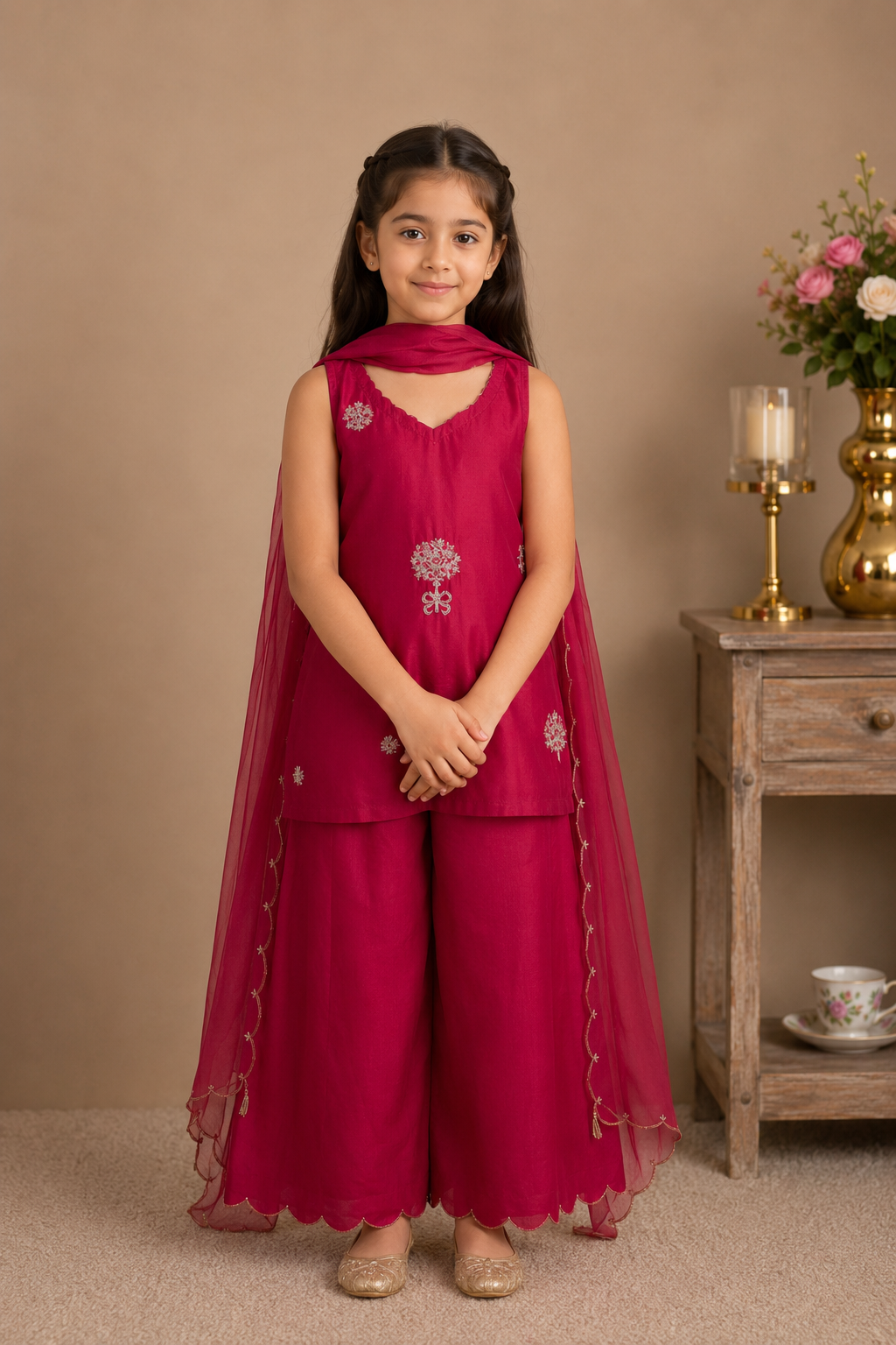KIDS RANI PINK SLEEVELESS MINI BOUQUET TOP SET WITH DUPATTA