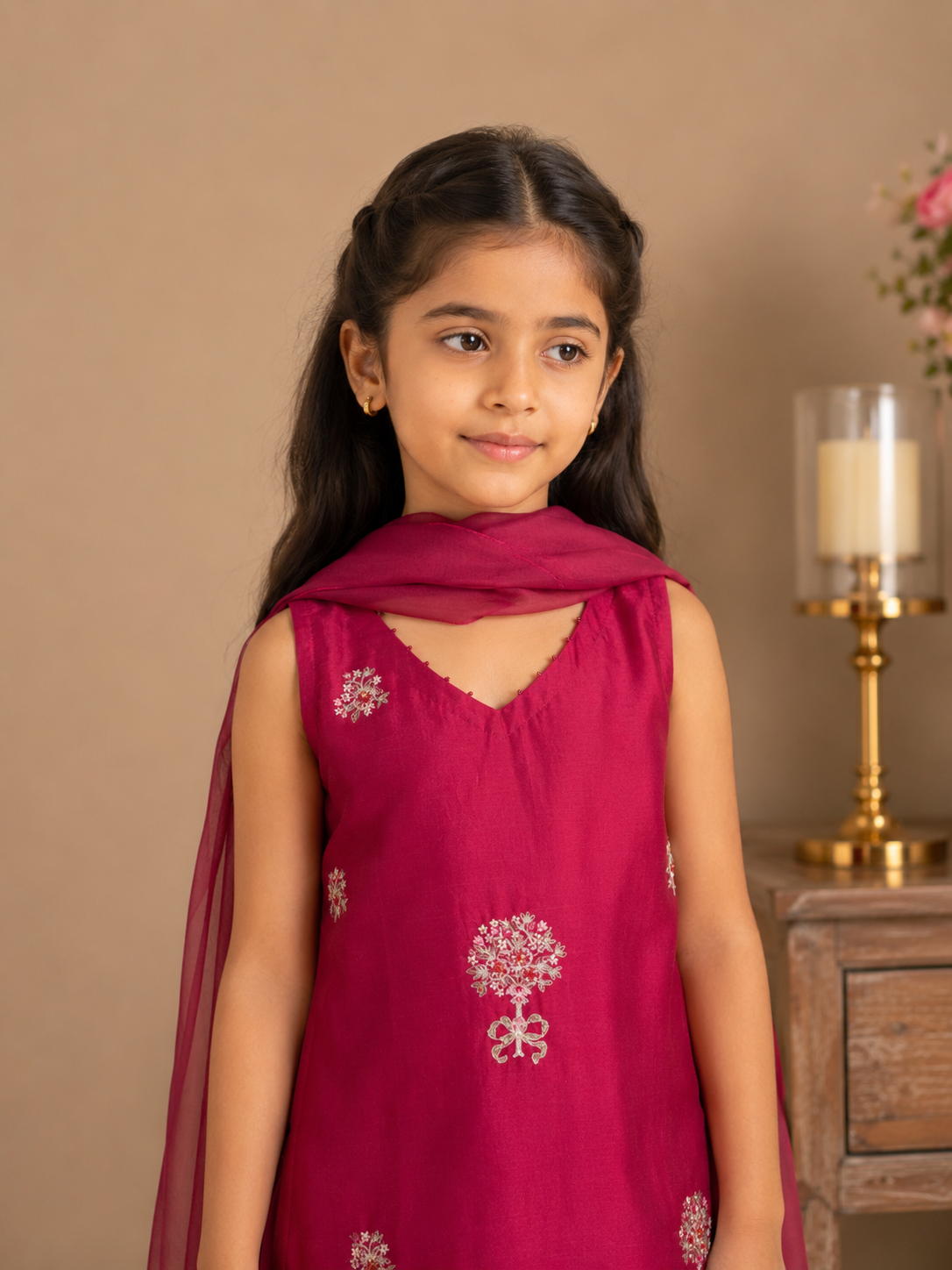 KIDS RANI PINK SLEEVELESS MINI BOUQUET TOP SET WITH DUPATTA