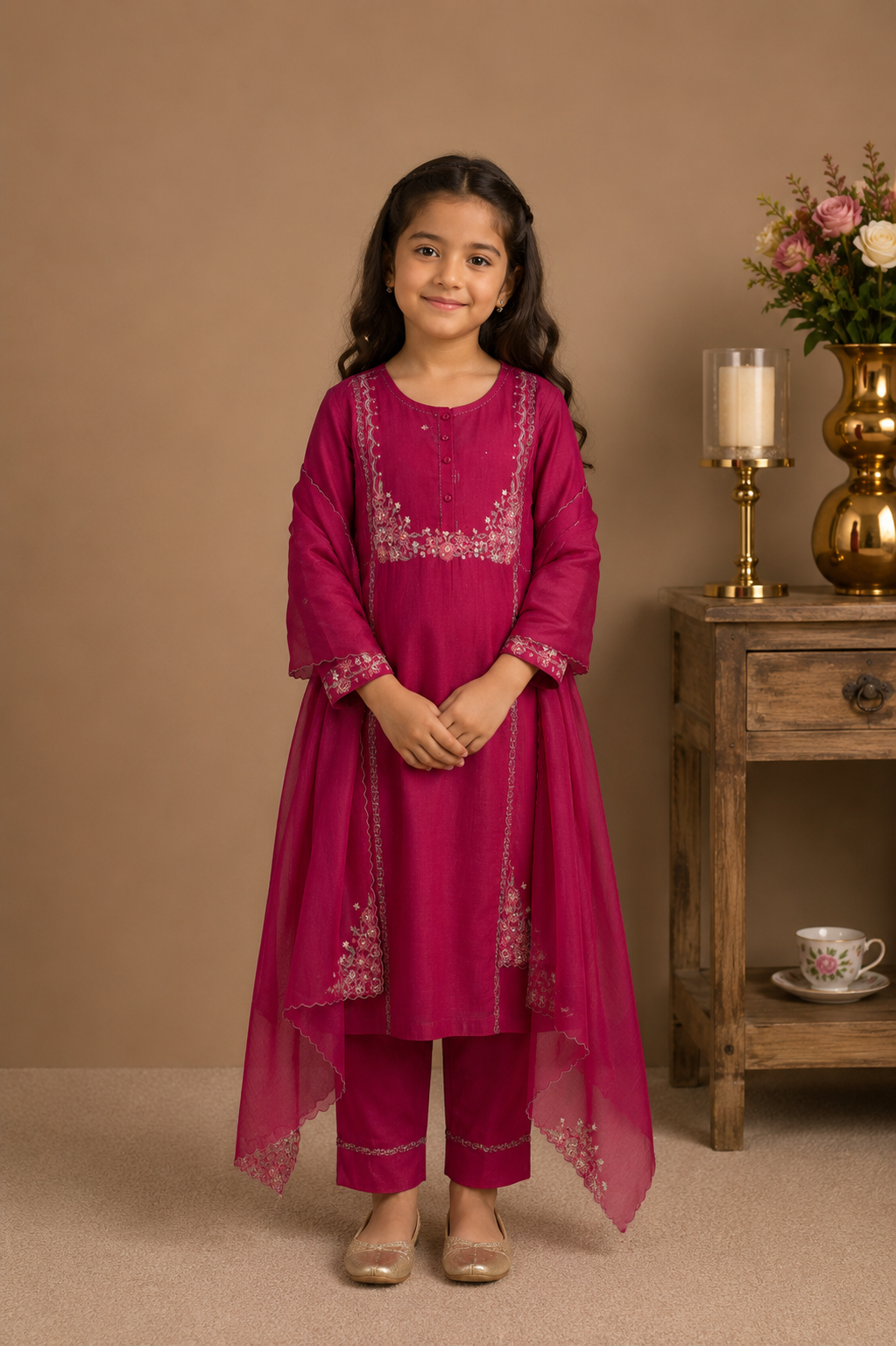 KIDS rani-pink-beaded-bageecha-suit-set