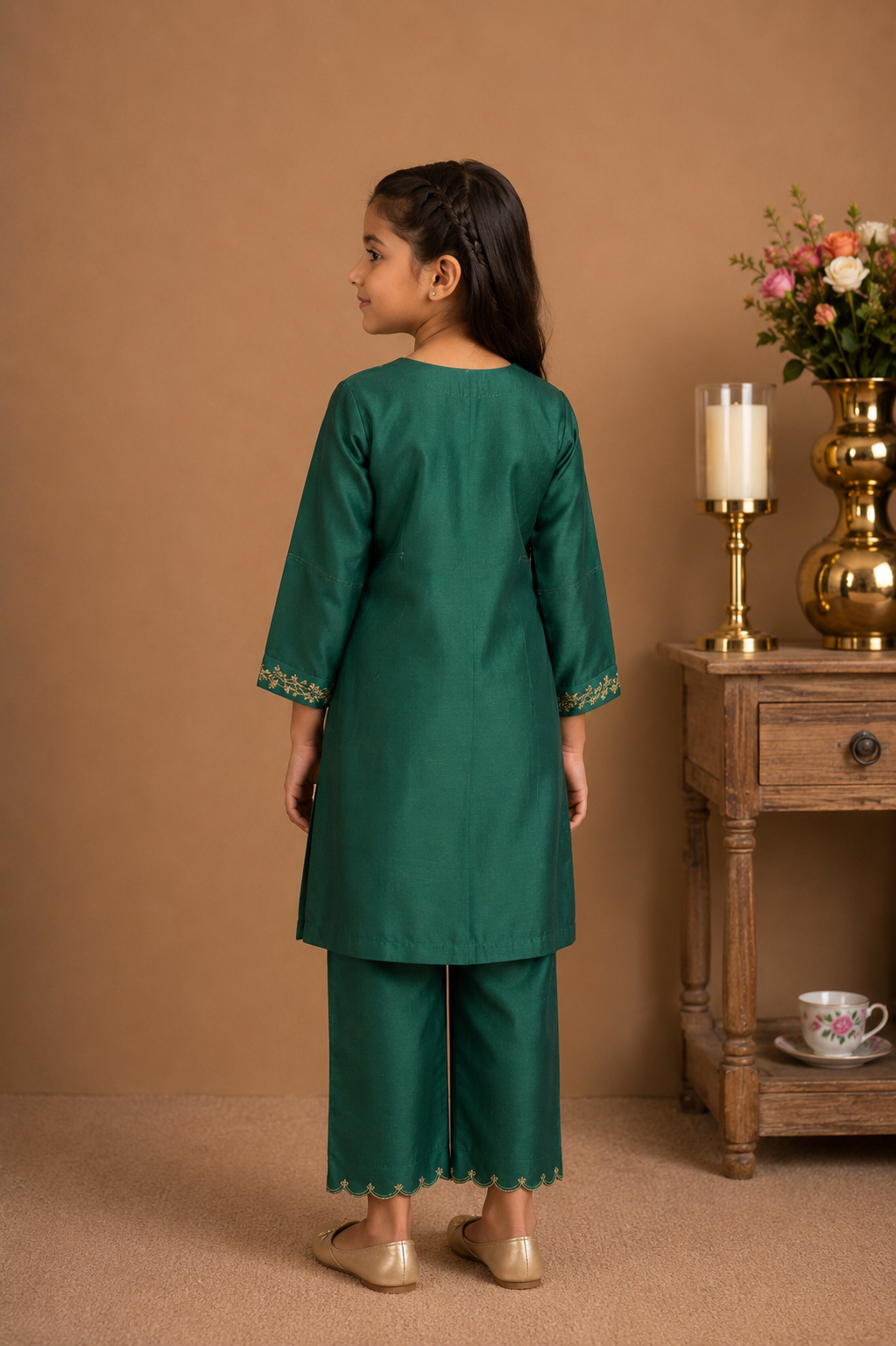 KIDS RAMA GREEN ZARDOSI YOKE TOP , PANT WITH ORGANZA DUPATTA