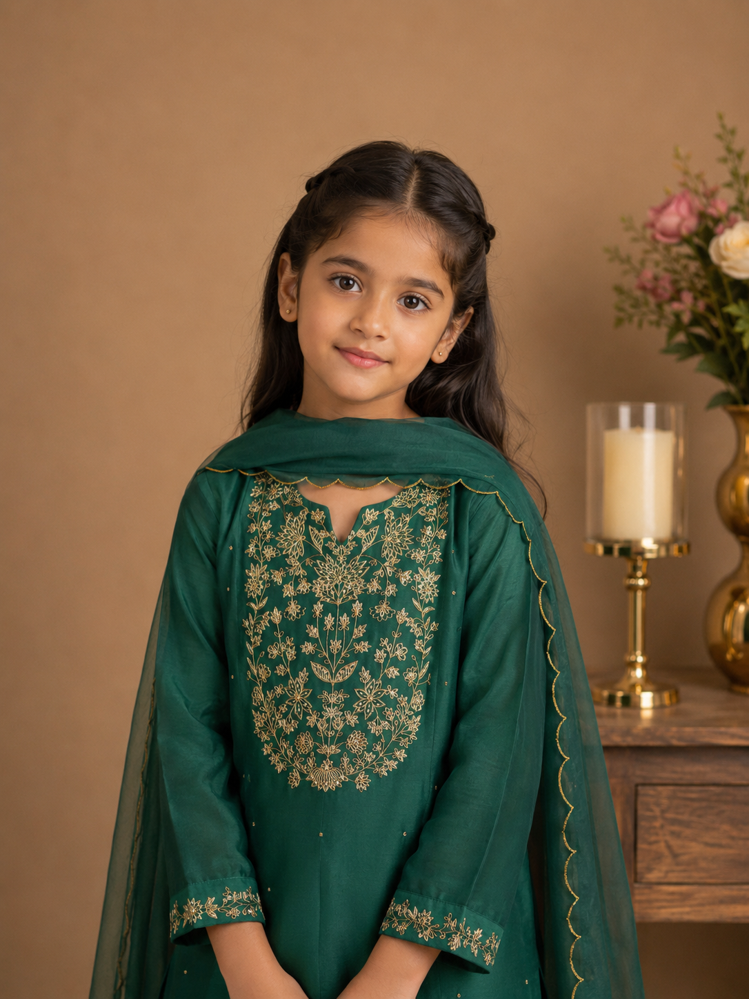 KIDS RAMA GREEN ZARDOSI YOKE TOP , PANT WITH ORGANZA DUPATTA