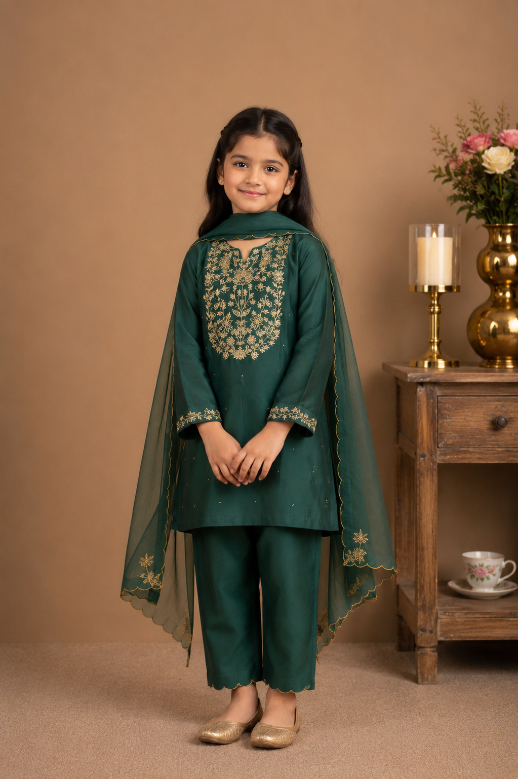KIDS RAMA GREEN ZARDOSI YOKE TOP , PANT WITH ORGANZA DUPATTA