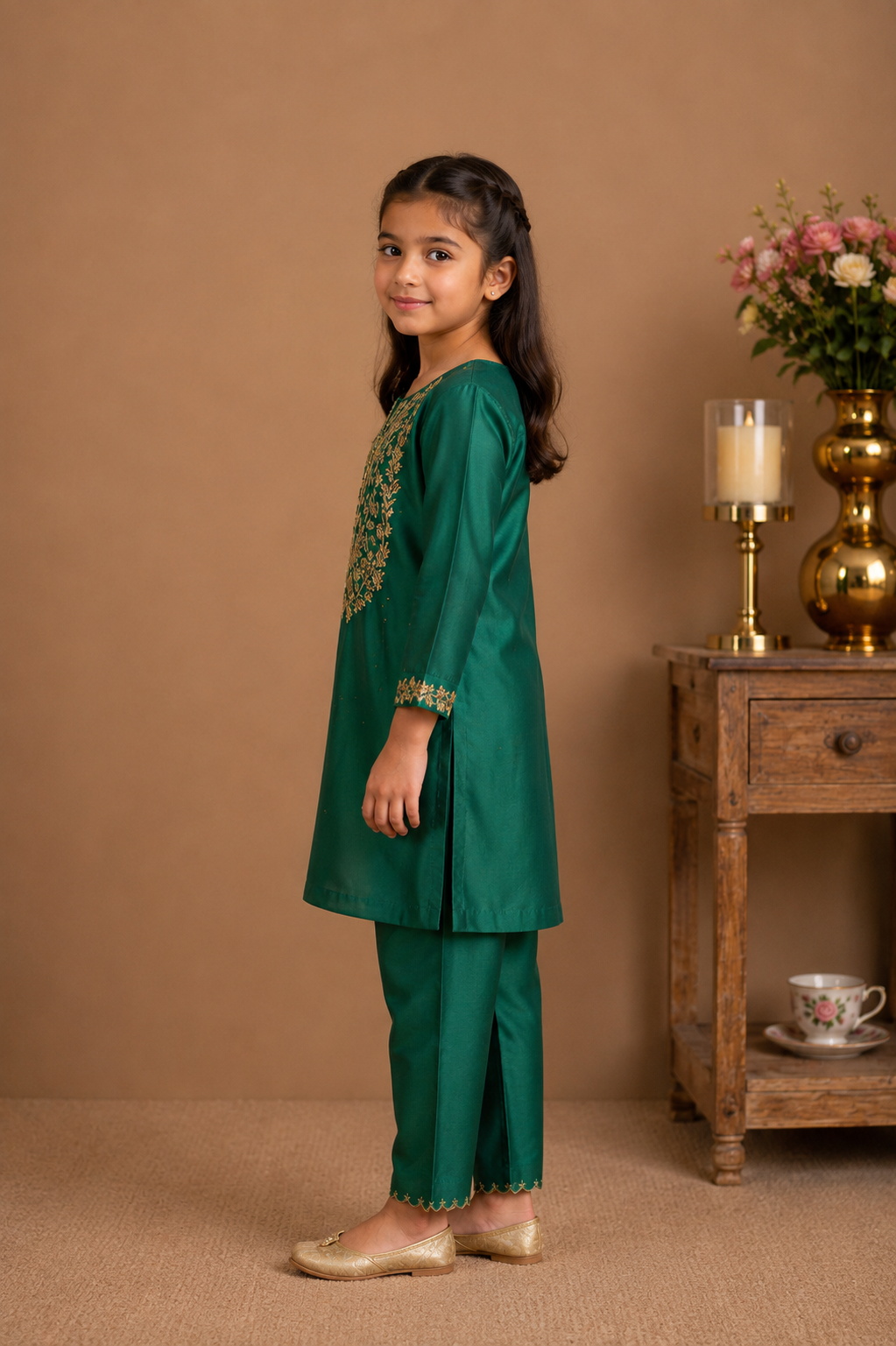 KIDS RAMA GREEN ZARDOSI YOKE TOP , PANT WITH ORGANZA DUPATTA