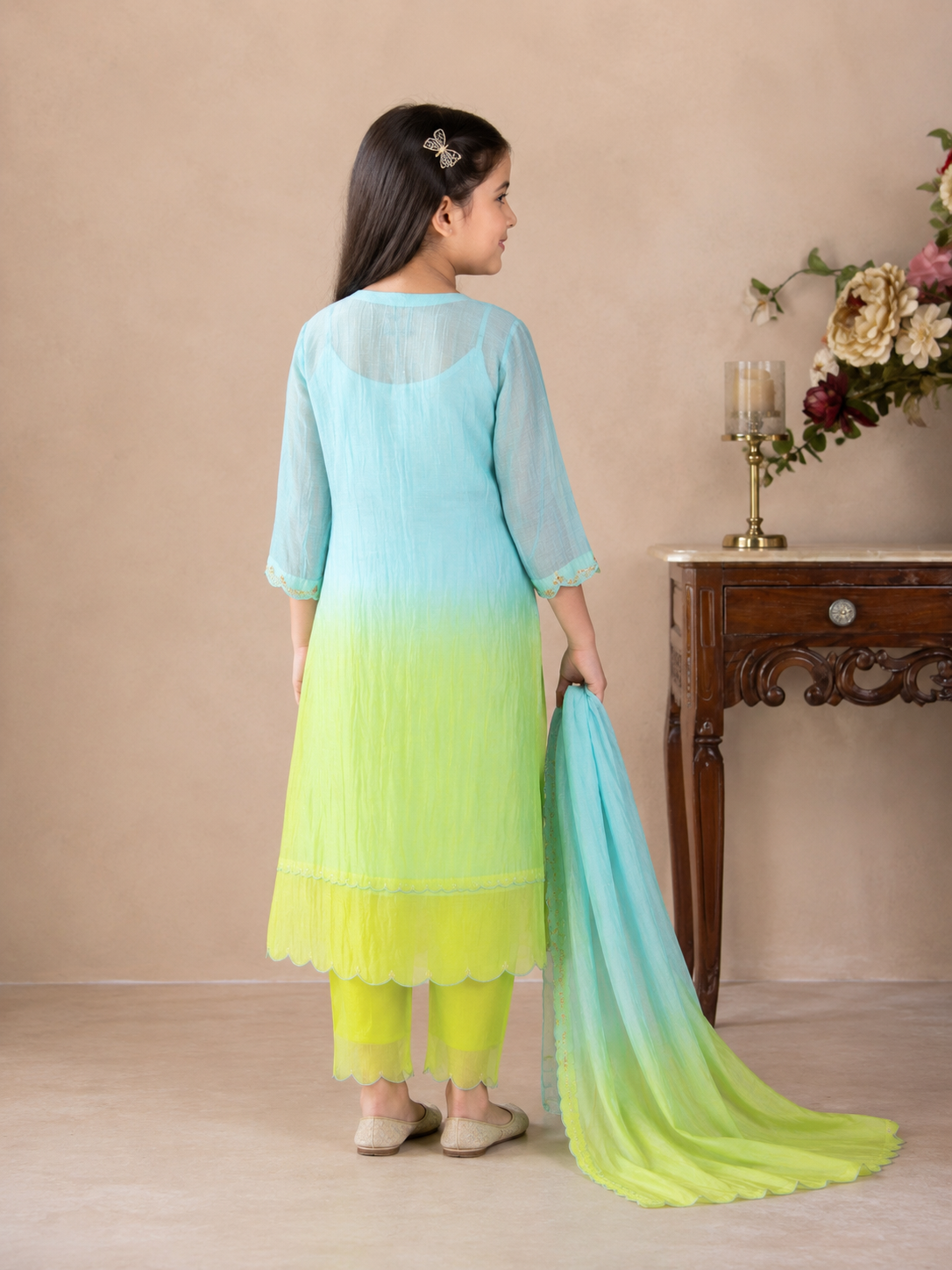 KIDS NEON TEAL OMBRE YOKE TREE SUIT SET