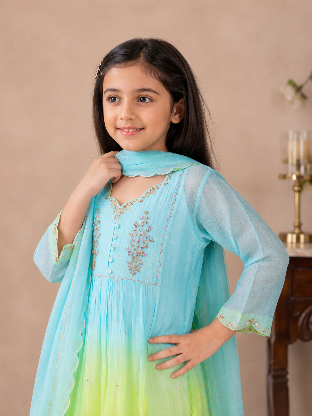 KIDS NEON TEAL OMBRE YOKE TREE SUIT SET