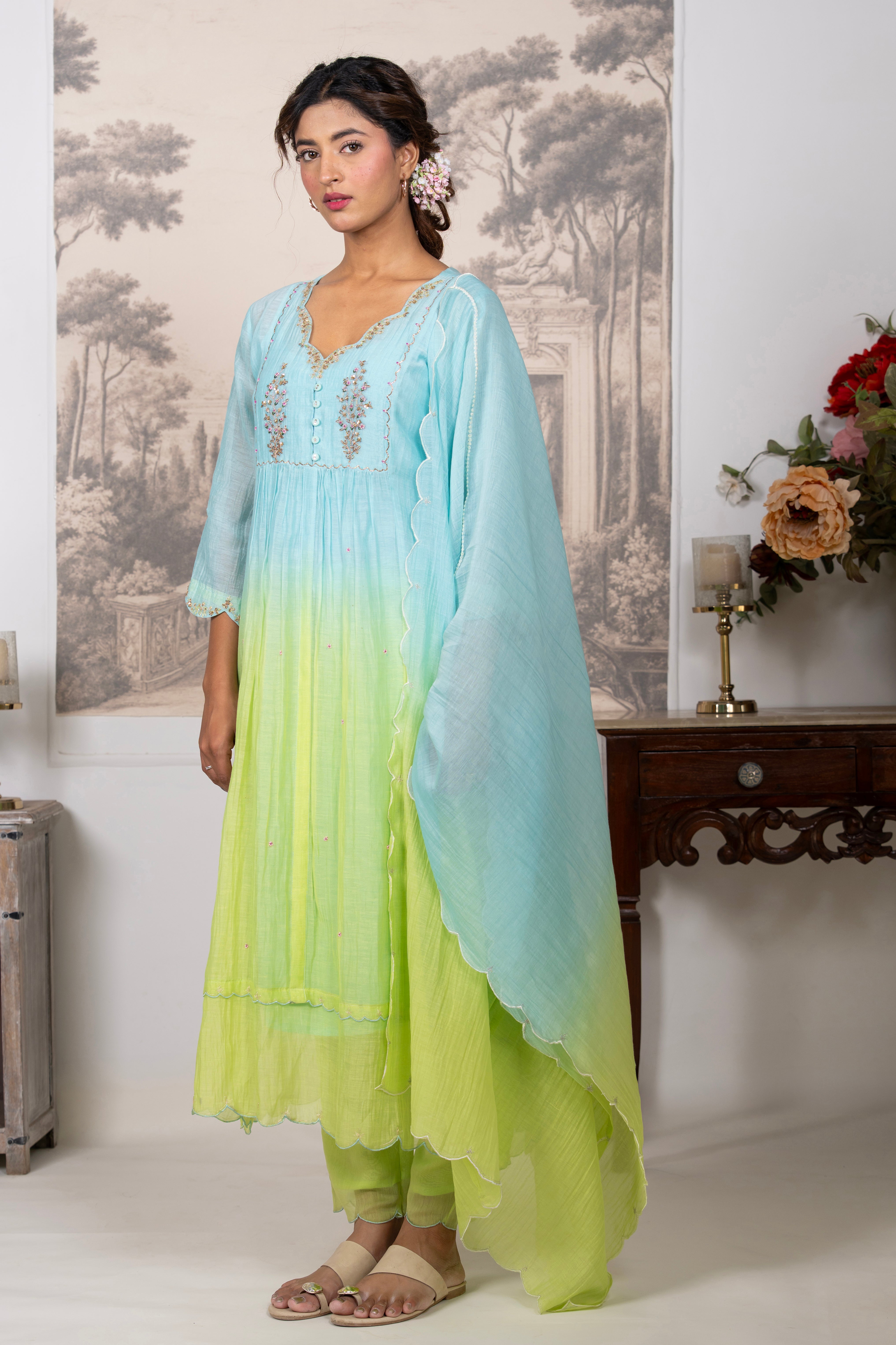 NEON TEAL OMBRE YOKE TREE SUIT SET