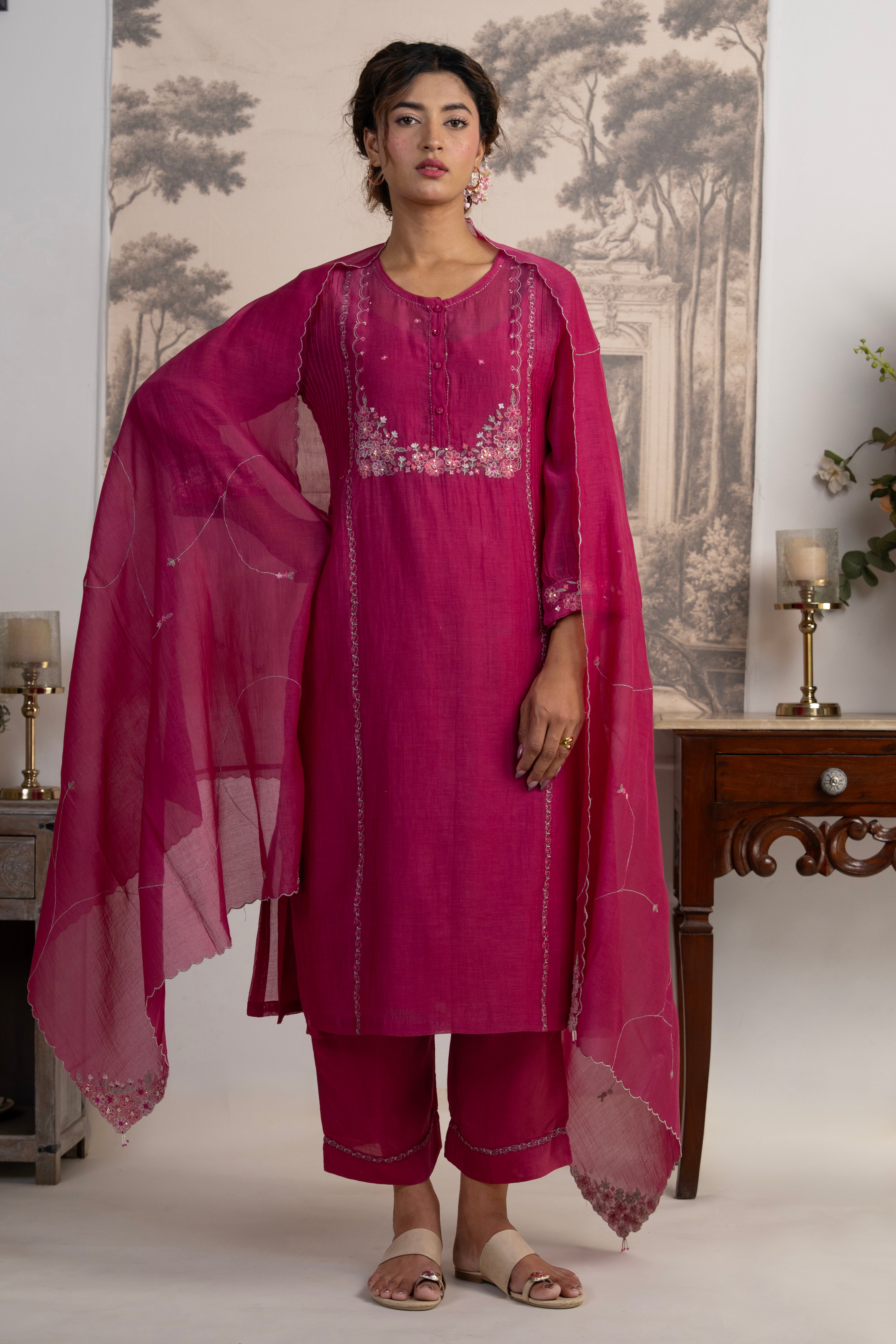 Rani pink Beaded bageecha Suit set