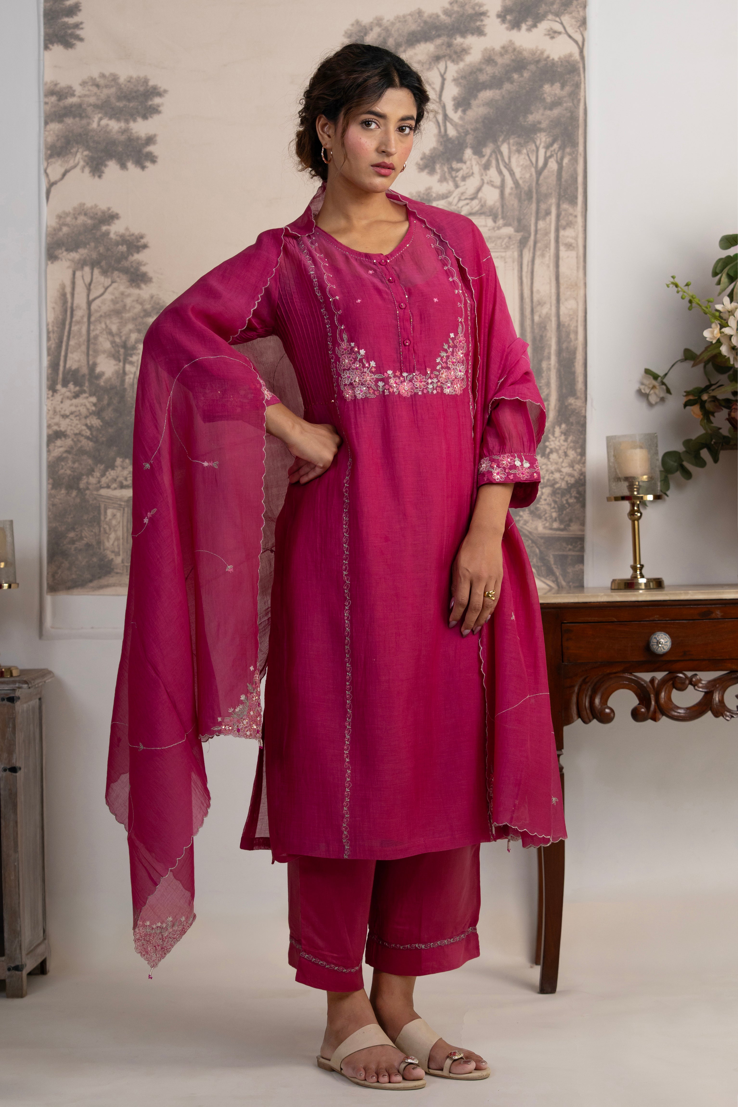 Rani pink Beaded bageecha Suit set