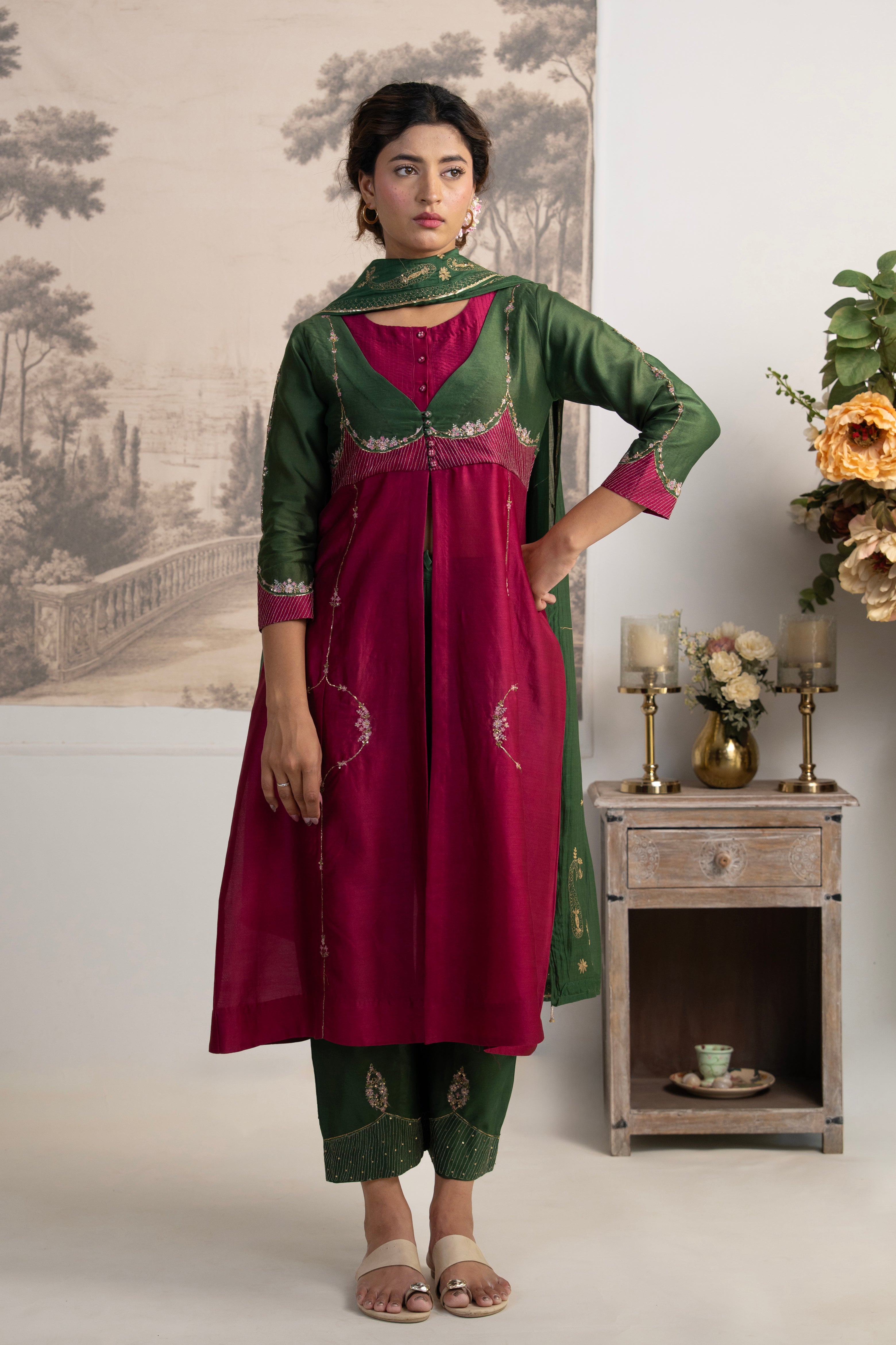BOTTLE GREEN RANI PINK MASTANI SUIT SET