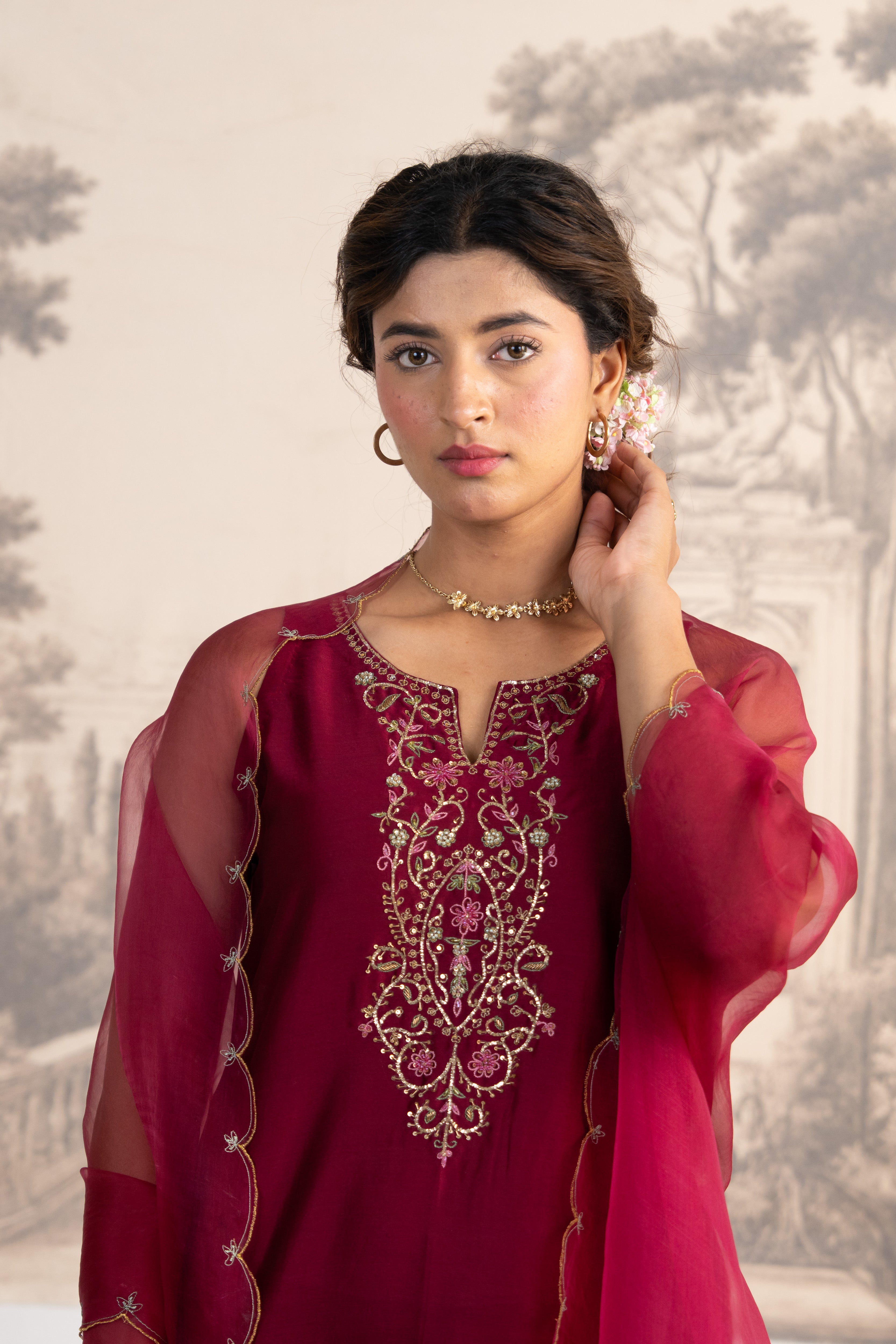 HOT PINK SLEEVELESS PITTA ZARDOZI TOP WITH ORGANZA DUPATTA