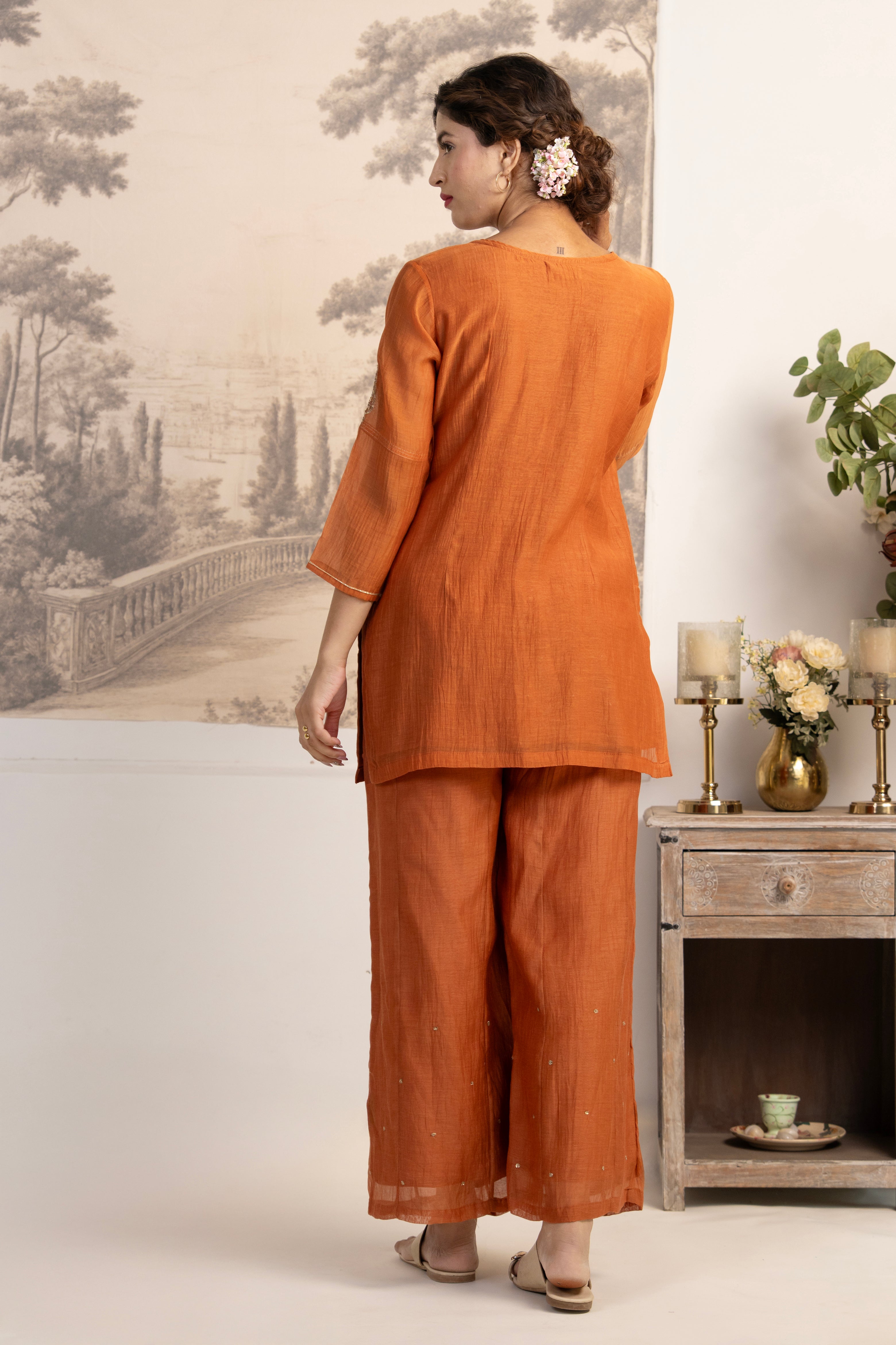 RUST ORANGE MEENA TOP SET WITH DUPATTA